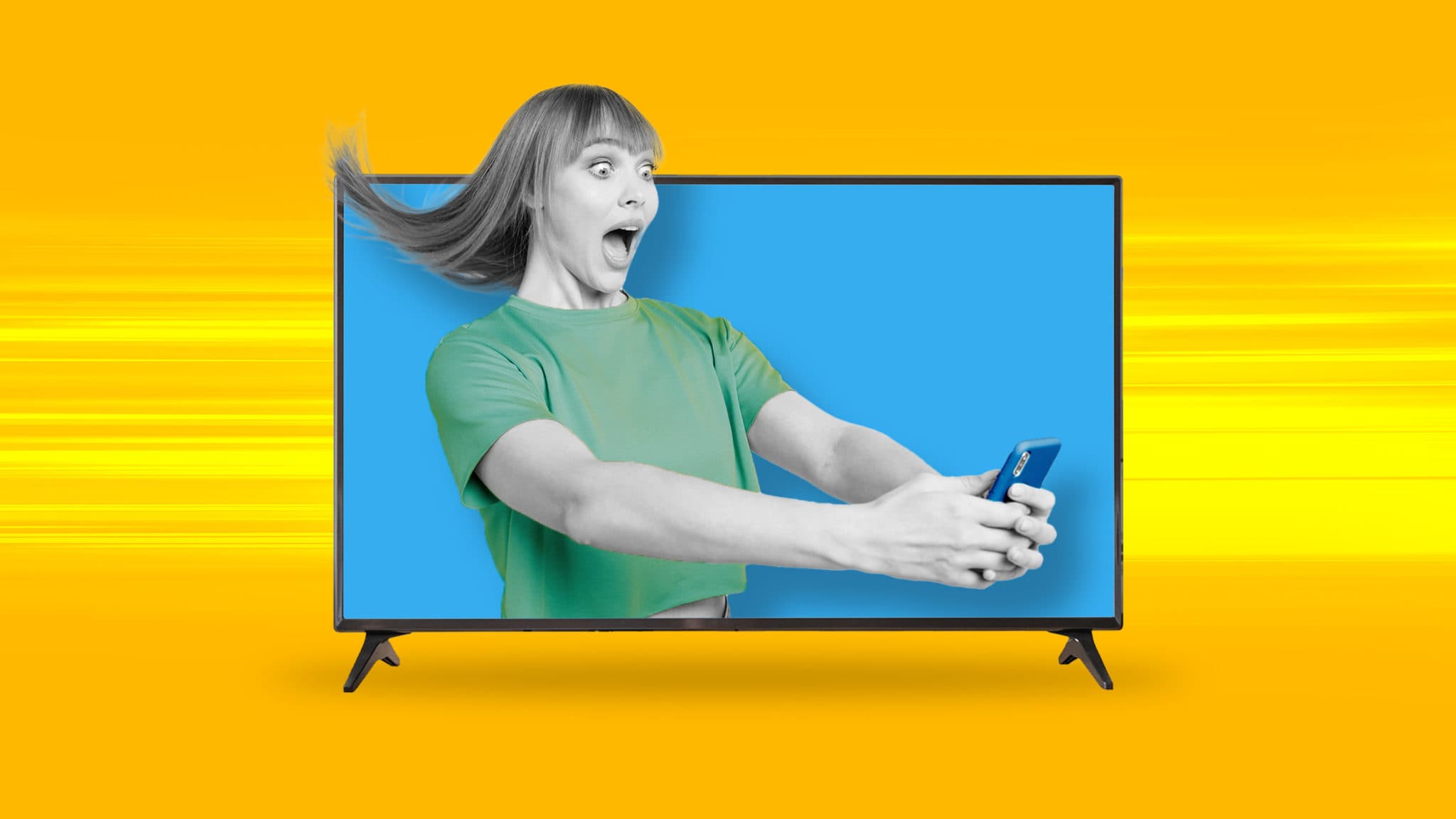 This image is of a person in a TV screen with their hair blowing backward to represent FAST (Free ad-supported TV).