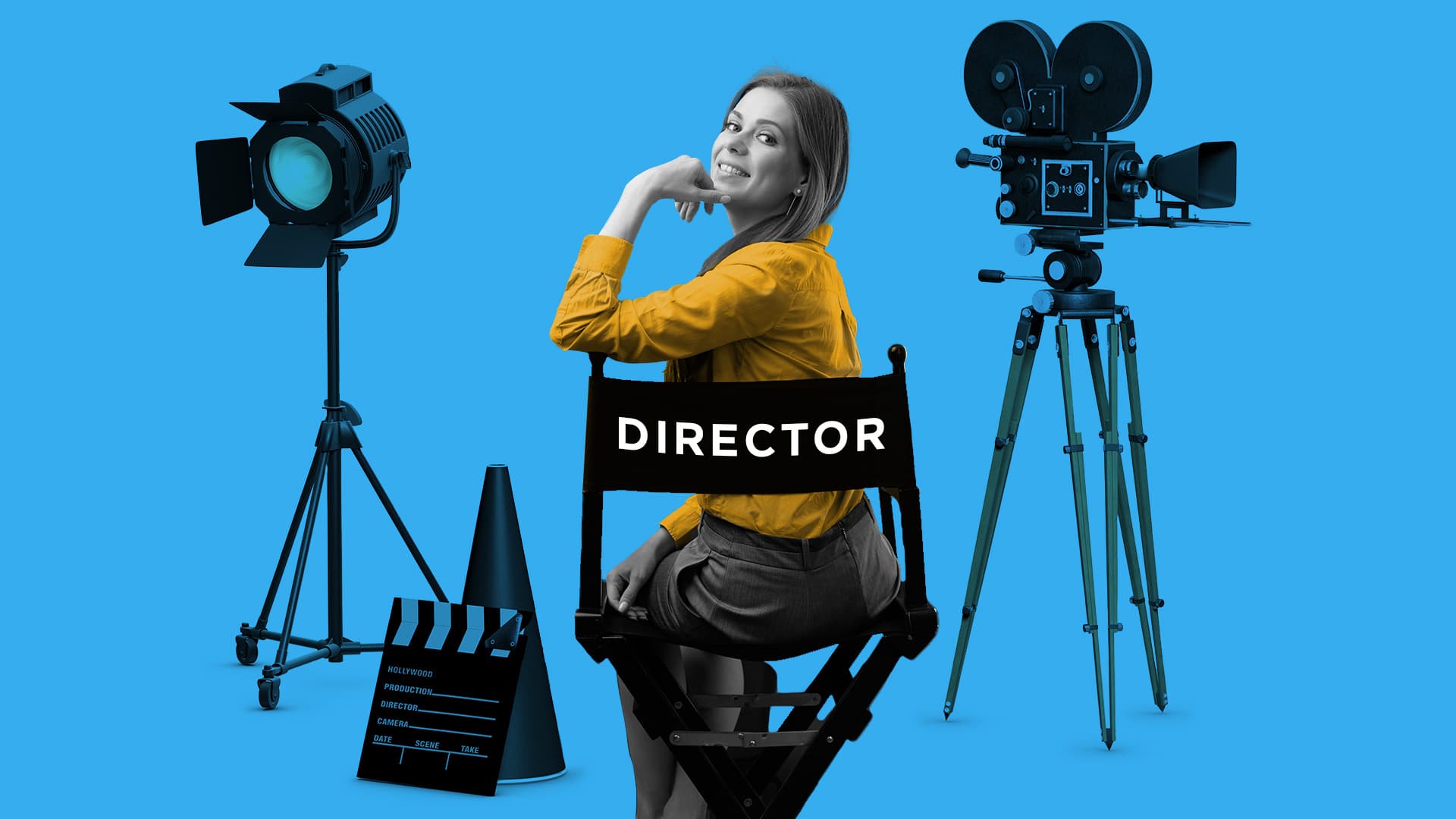 This image features a woman sitting in the director's chair, with cameras and lights around her. This image represents women women who revolutionized the film industry.