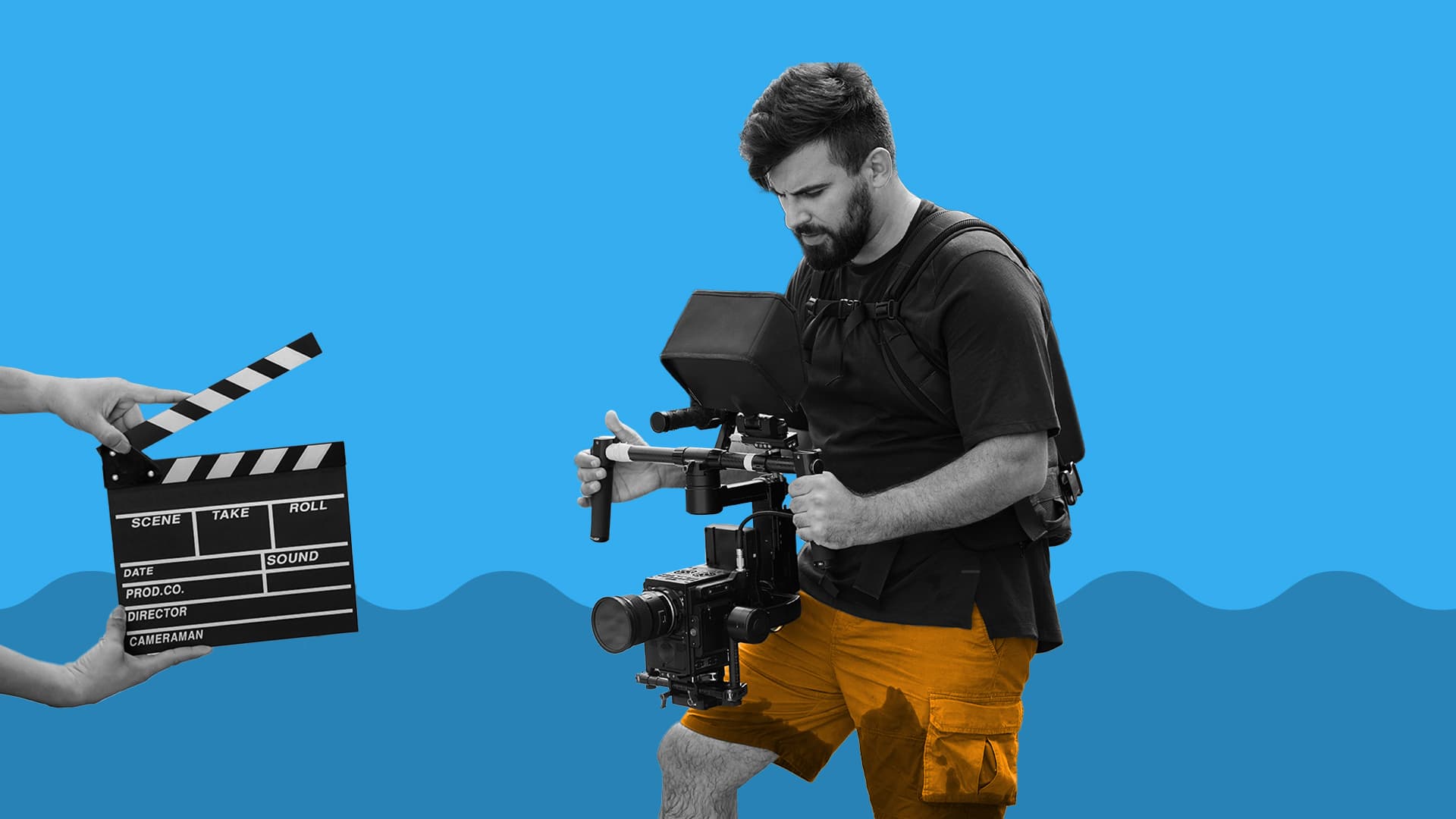This image features a man standing in the water with a camera. To the left of him, you'll see a clapperboard. This image represents Nils Clauson's video production and creative career.