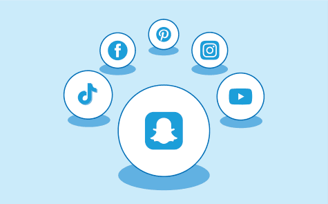 Snapchat logo flanked by other social media icons