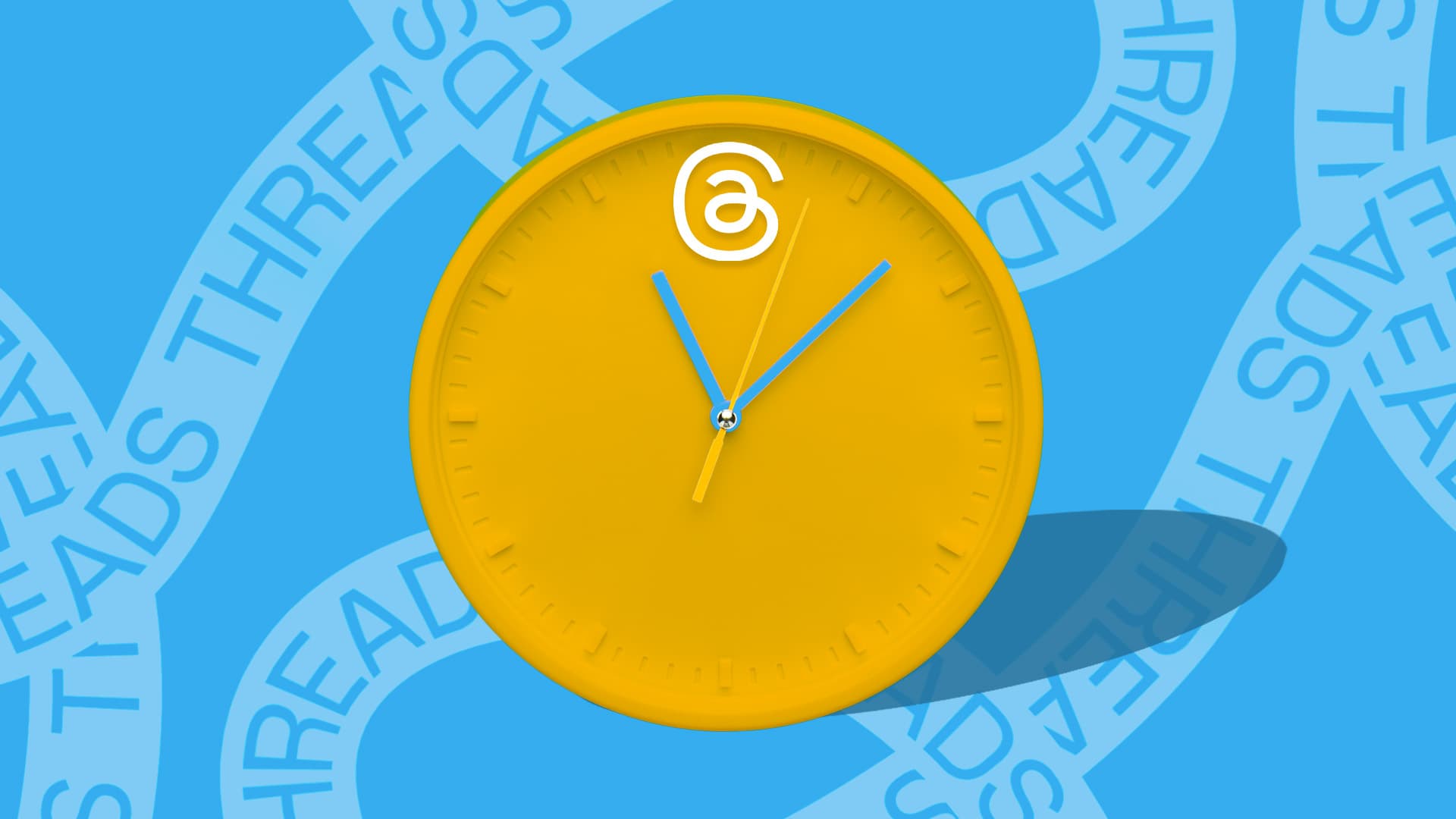 This image features a blue background with Threads running through it. There is a yellow clock in the center of the screen with the Threads logo replacing the 12. This image represents the best time to post on Threads.