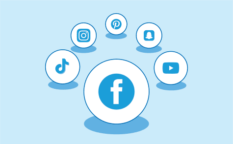 Facebook logo flanked by other social media icons
