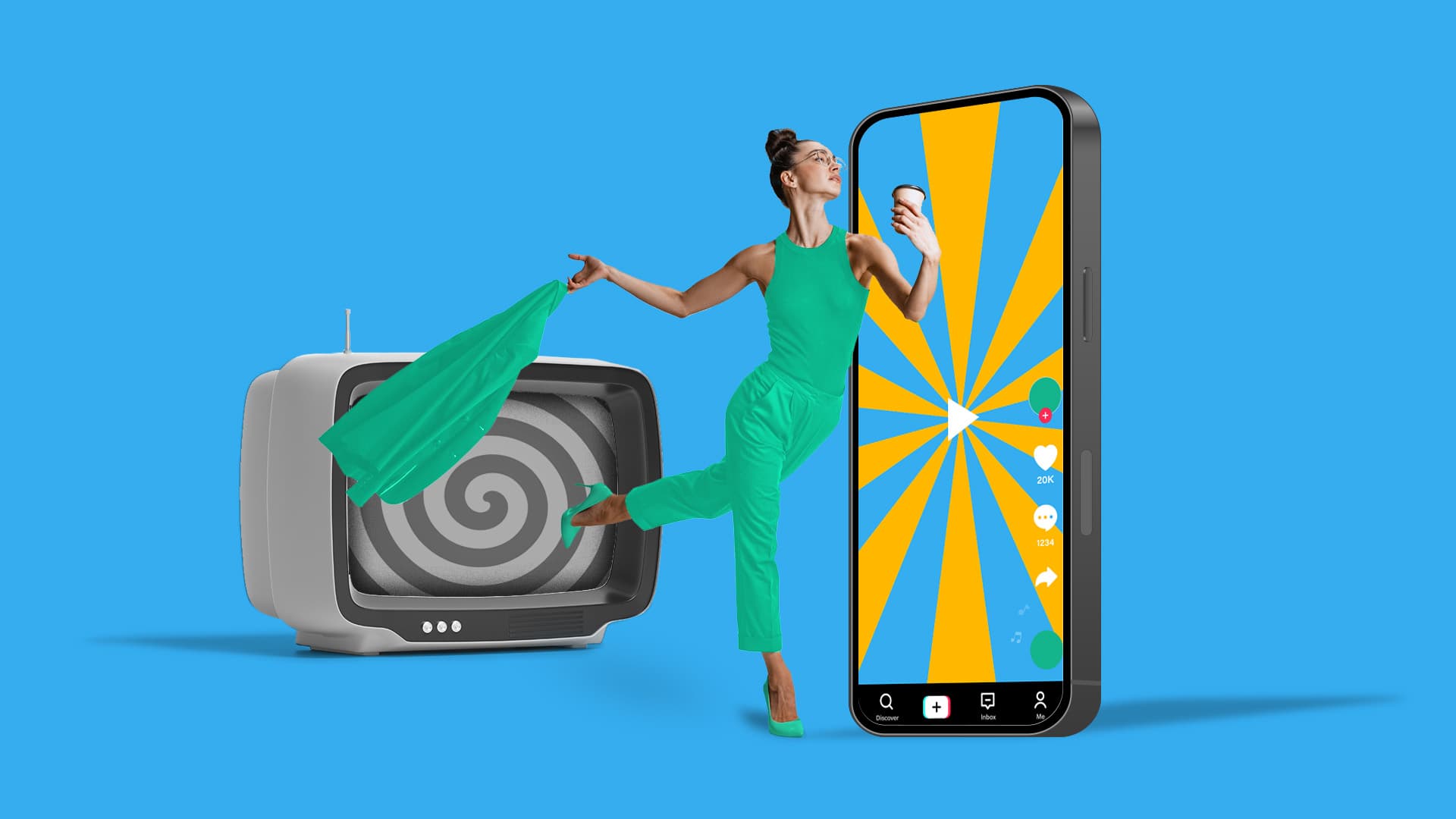 This image features a TV screen and a phone, each with a unique pattern inside of the screens. In between, there is a person standing in a green outfit, representing the bridge between CTV and mobile video. This image represents the shift of ad spend in 2023.