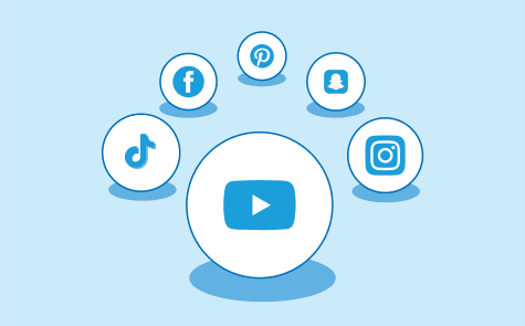 YouTube logo flanked by other social media icons