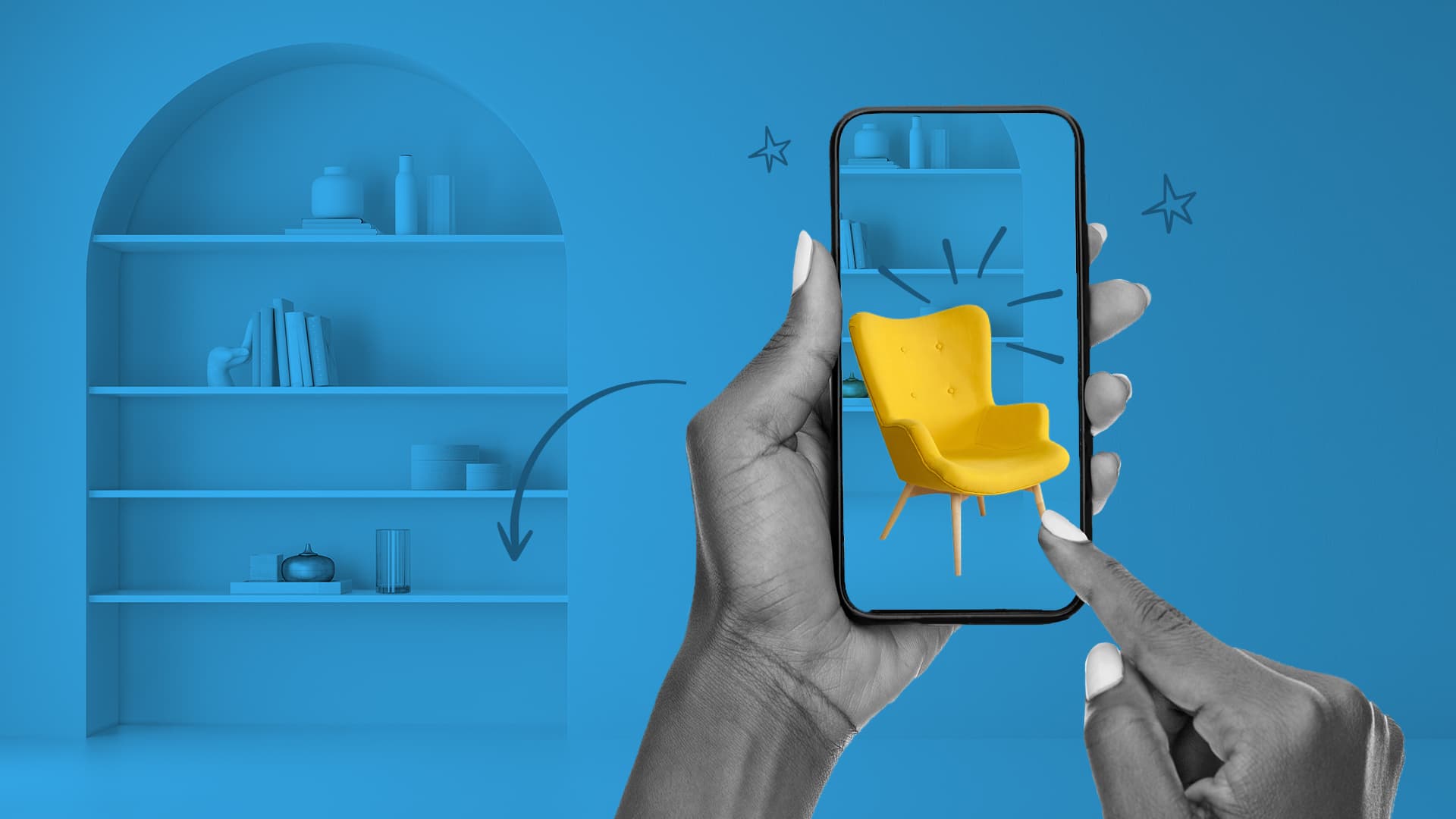 This image features someone viewing a chair in a room through Augmented Reality (AR). This image represents the augmented reality round-up for 2024.
