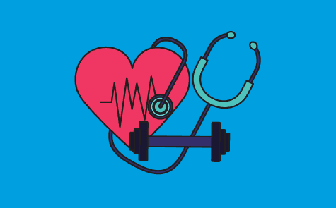 A graphic with a heart, stethoscope, and freeweight to give the impression of Health and Wellness