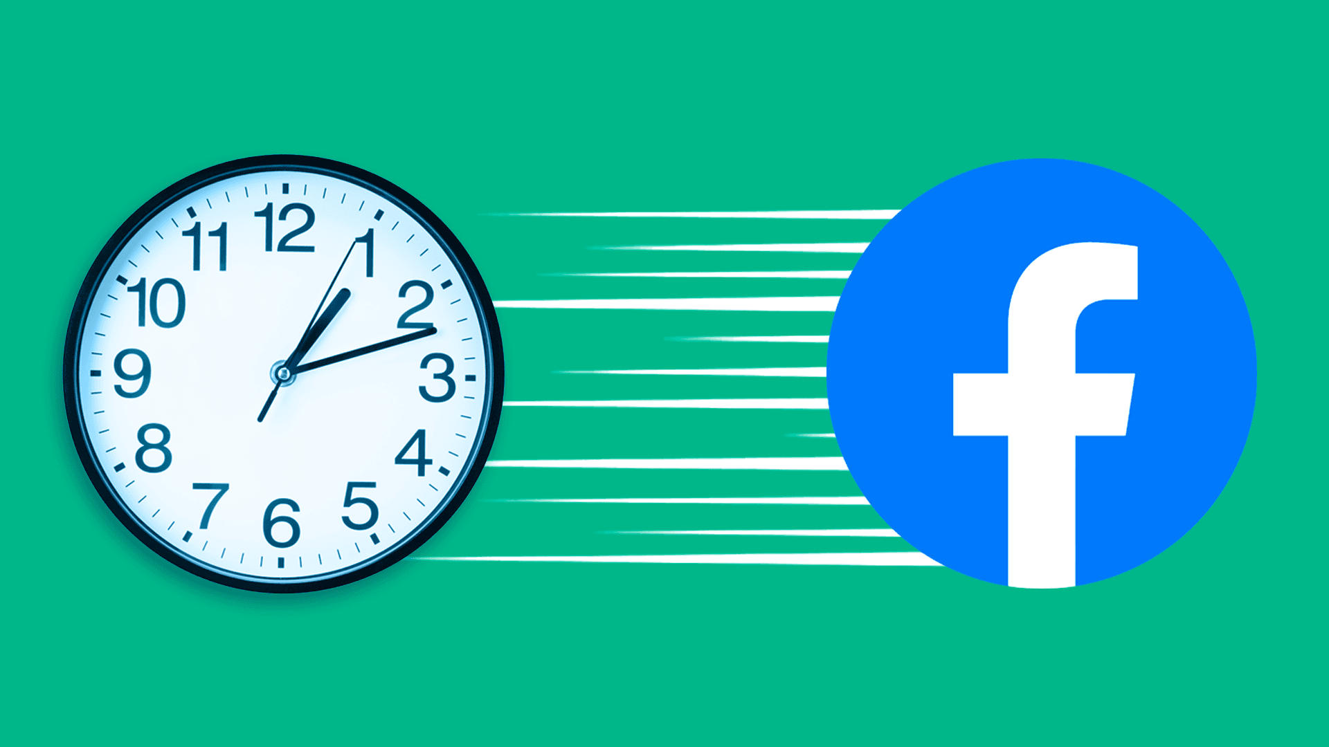 This image has a green background. On the left side of the image is a clock and on the right side of the image is the Facebook logo. In between, there are lines connecting the two. This image represents the best time to post on Facebook.