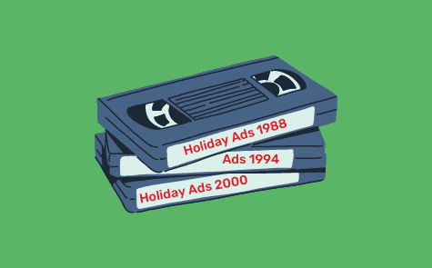Image of VHS tapes with labels that read Holiday Ads 1988, 1994, 2000