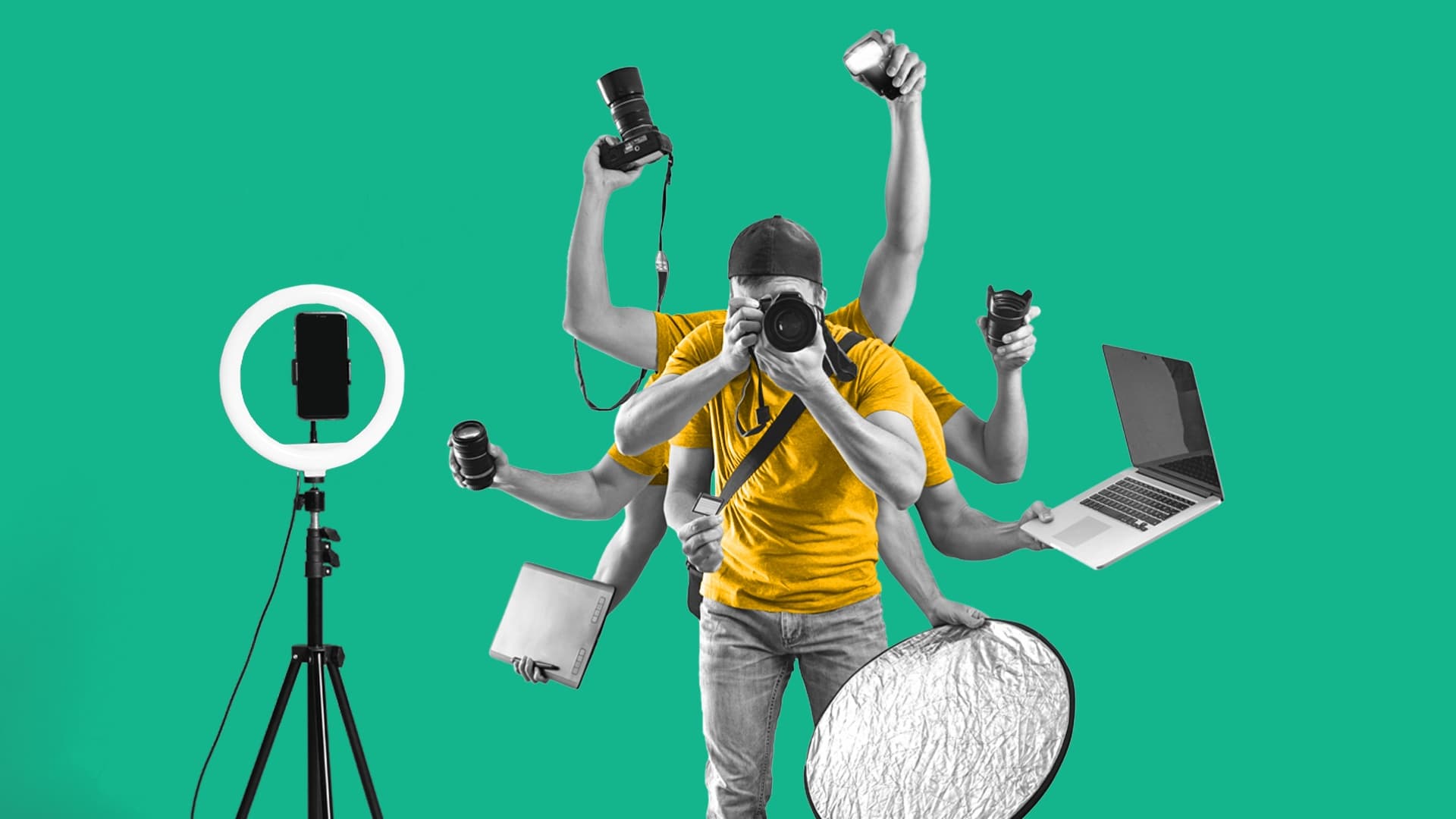 This image features a person with many arms, balancing a computer, camera, phone, lights, lenses, and more. This is to represent the balance of marketers with so many different marketing trends. This image represents the 2023 video marketing landscape.