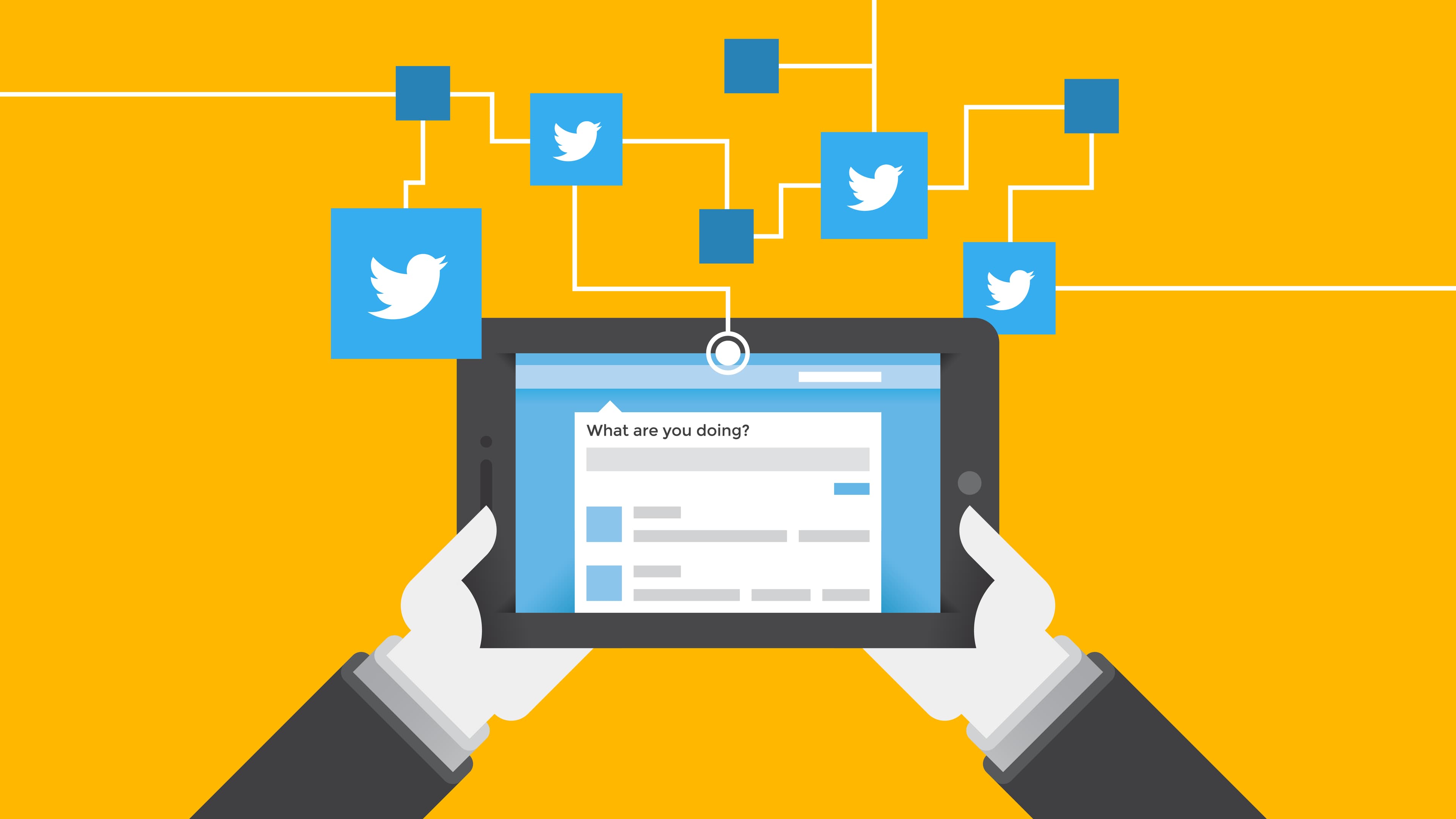 This image is a digitally created tablet being held by two hands. Above the tablet, you can see Twitter logos, and on the tablet, you can see the Twitter feed. This image represents the Twitter algorithm.