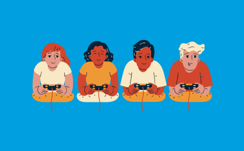 Images of multiple people playing a video game with controllers in their hands
