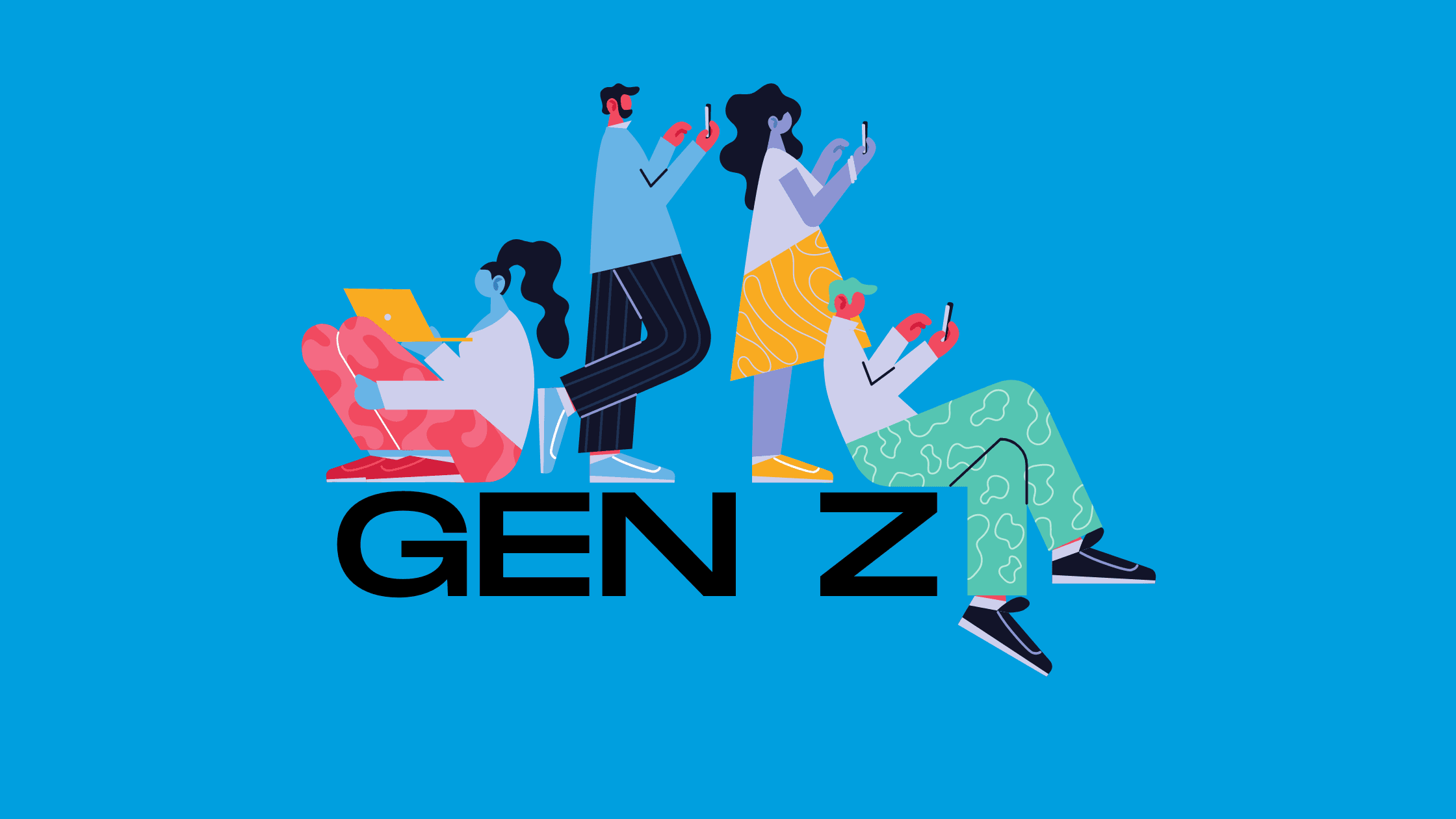 Four digitally-drawn people using technology while standing or sitting on the words "Gen Z," which is written in bold, black font. The image has a blue background.