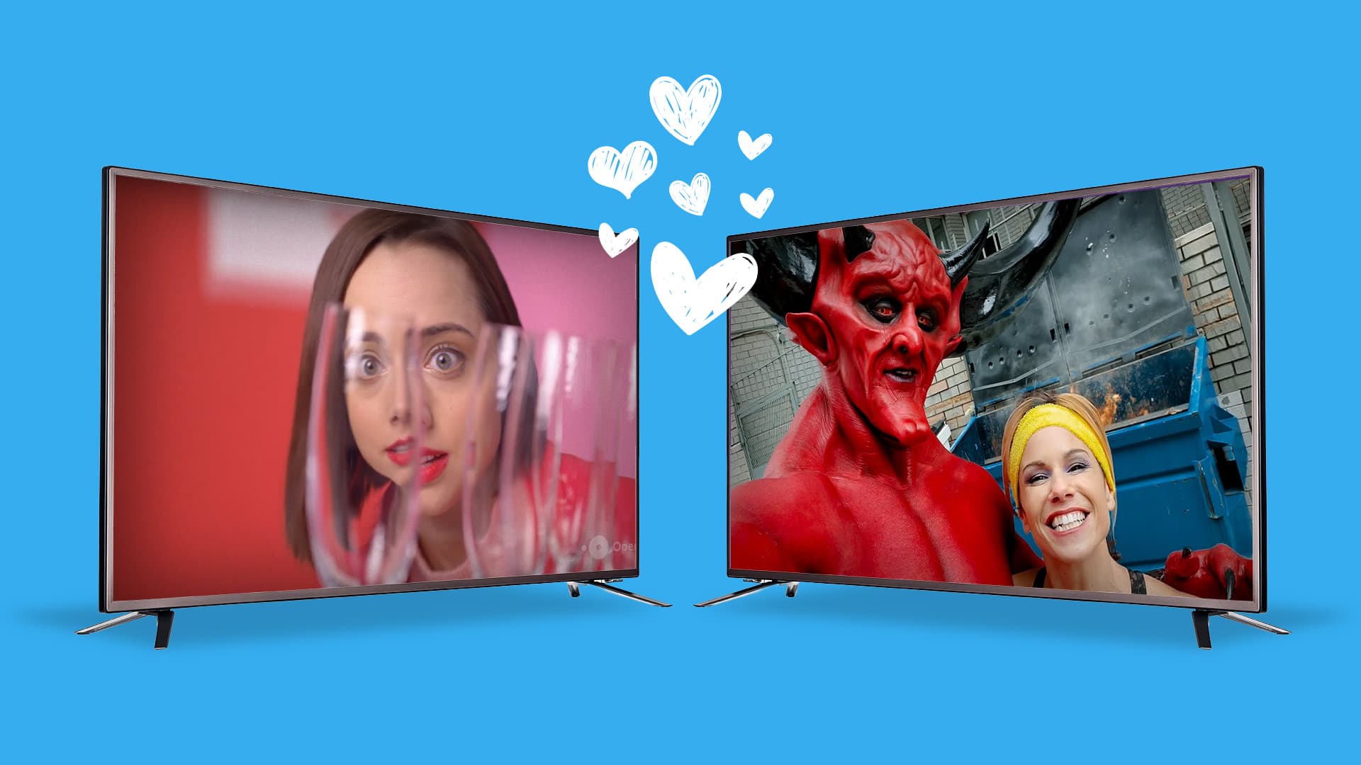 This Valentine's day image features two different TV screens with stills from different Valentine's Day ads. This represents the 10 Valentine's Day ads we love blog.