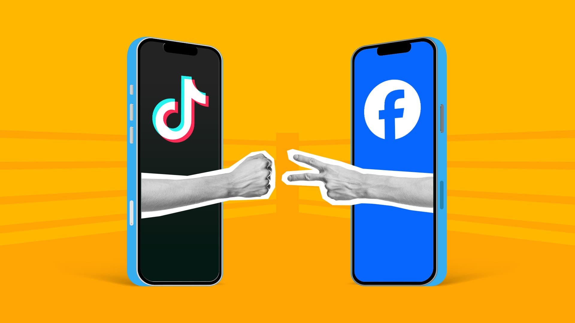 This image features two hands sticking out of two different phones. The two hands are playing rock, paper, scissors. One phone has the TikTok logo, the other has the Facebook logo.