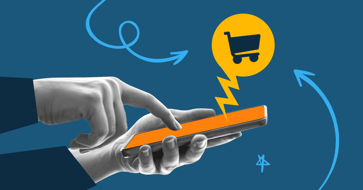 This image features a person holding a phone with a shopping cart icon coming out of it. The image represents an explanation of mcommerce.