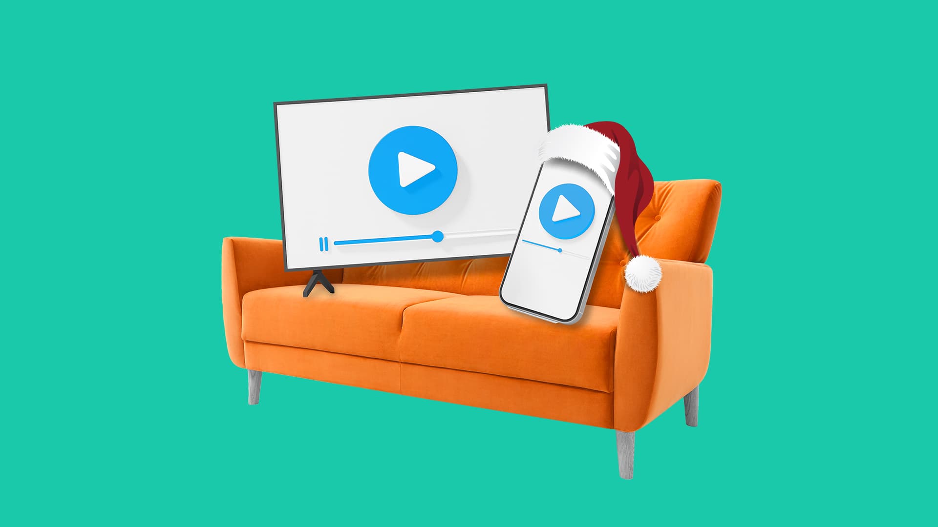 This image has a green background with an orange couch. On the couch, there's a television screen and a phone, each of which have a video playing icon in the screen. The phone is wearing a holiday hat to represent the best practices for end of year holiday campaigns.