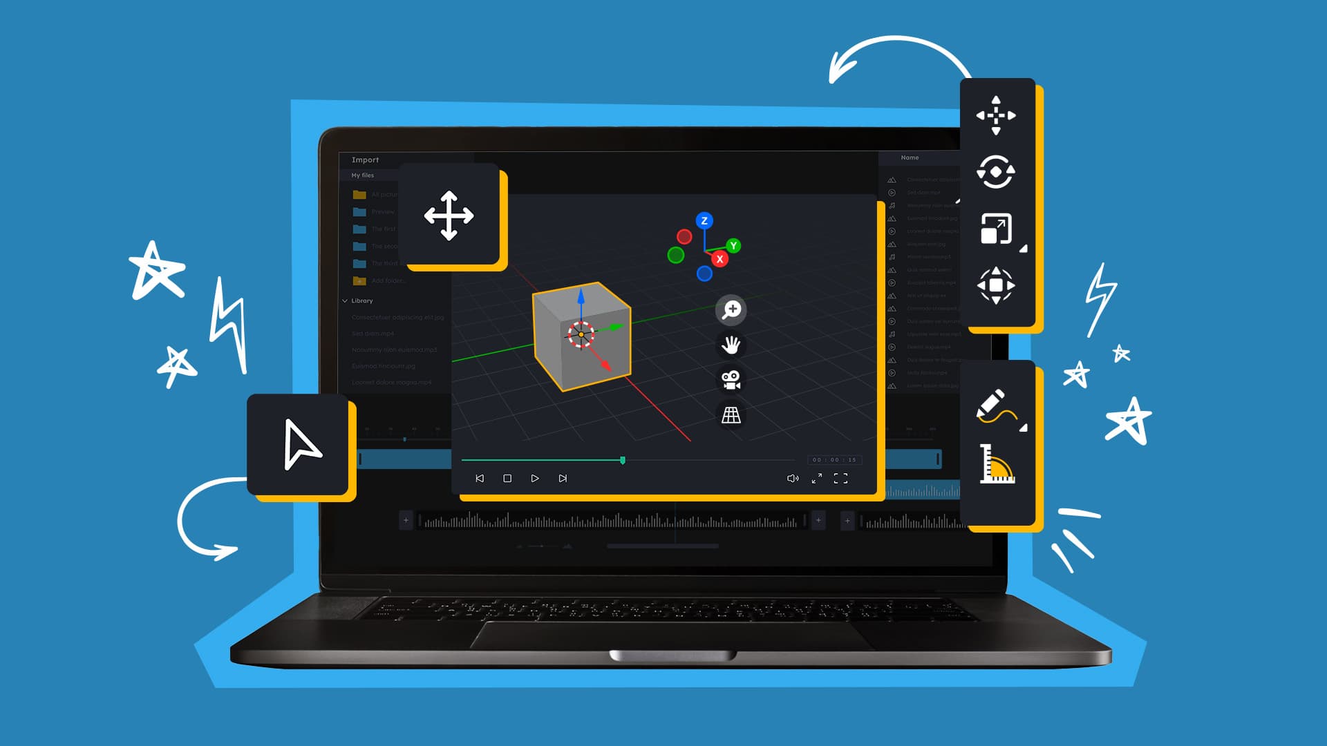 This image has a computer with different elements relating to motion graphics editing. The image represents motion graphics.