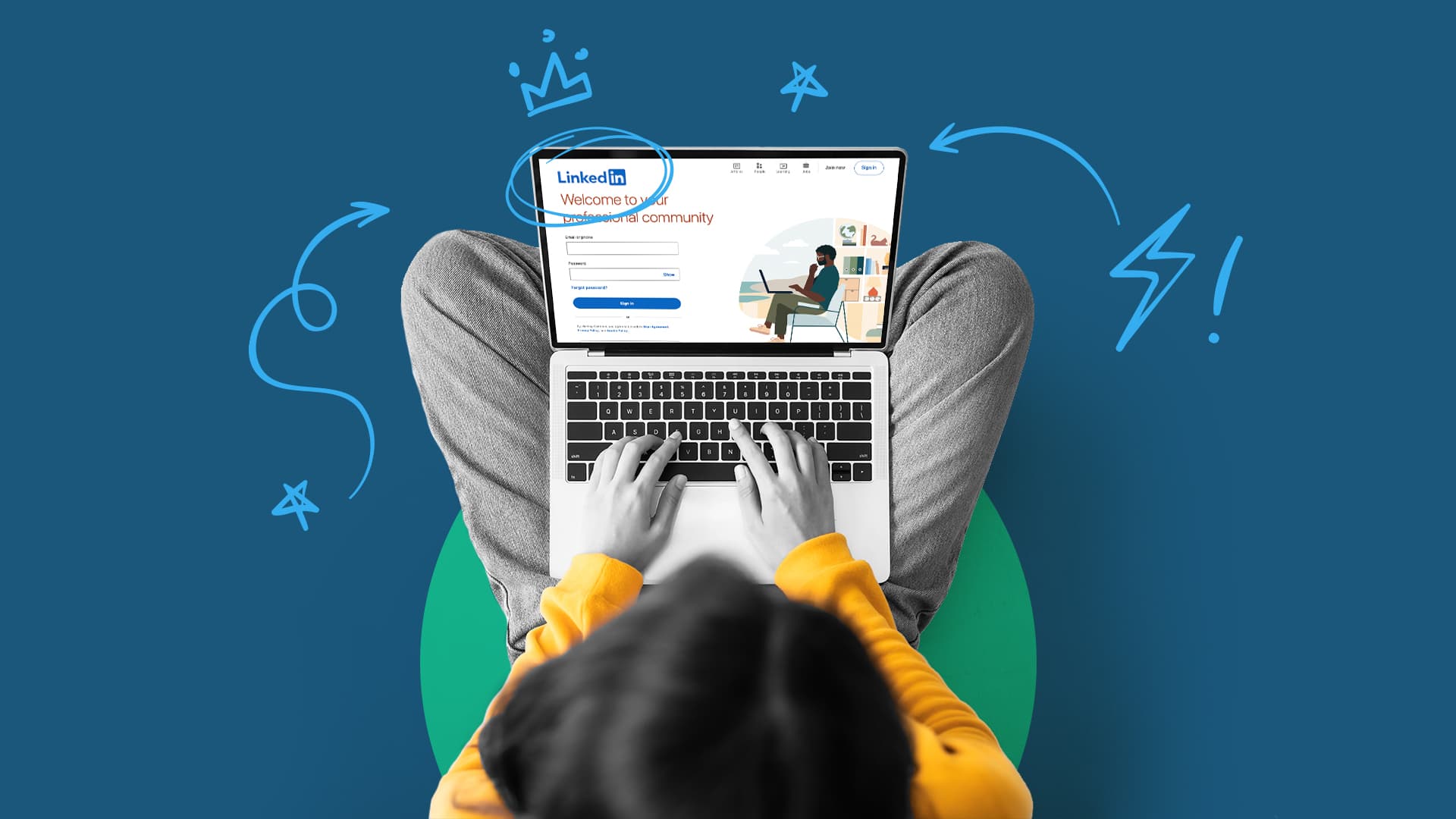 This image features a person using a laptop. The image represents LinkedIn marketing and a guide to using LinkedIn for business.