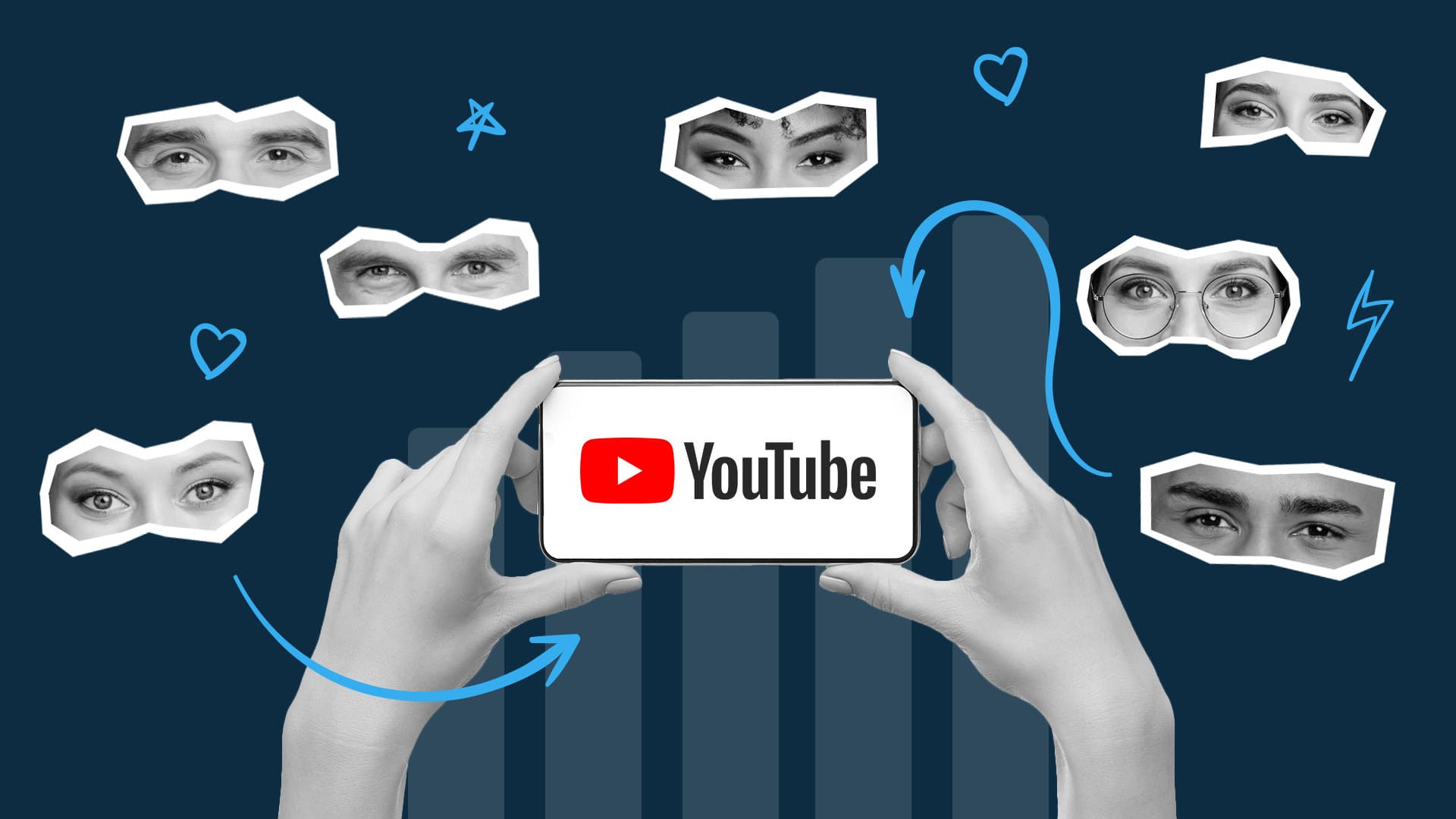 This image features someone holding a phone with the YouTube logo on the screen. Around the phone, there are many different sets of eyes. This image represents the best ways to get more views on YouTube.