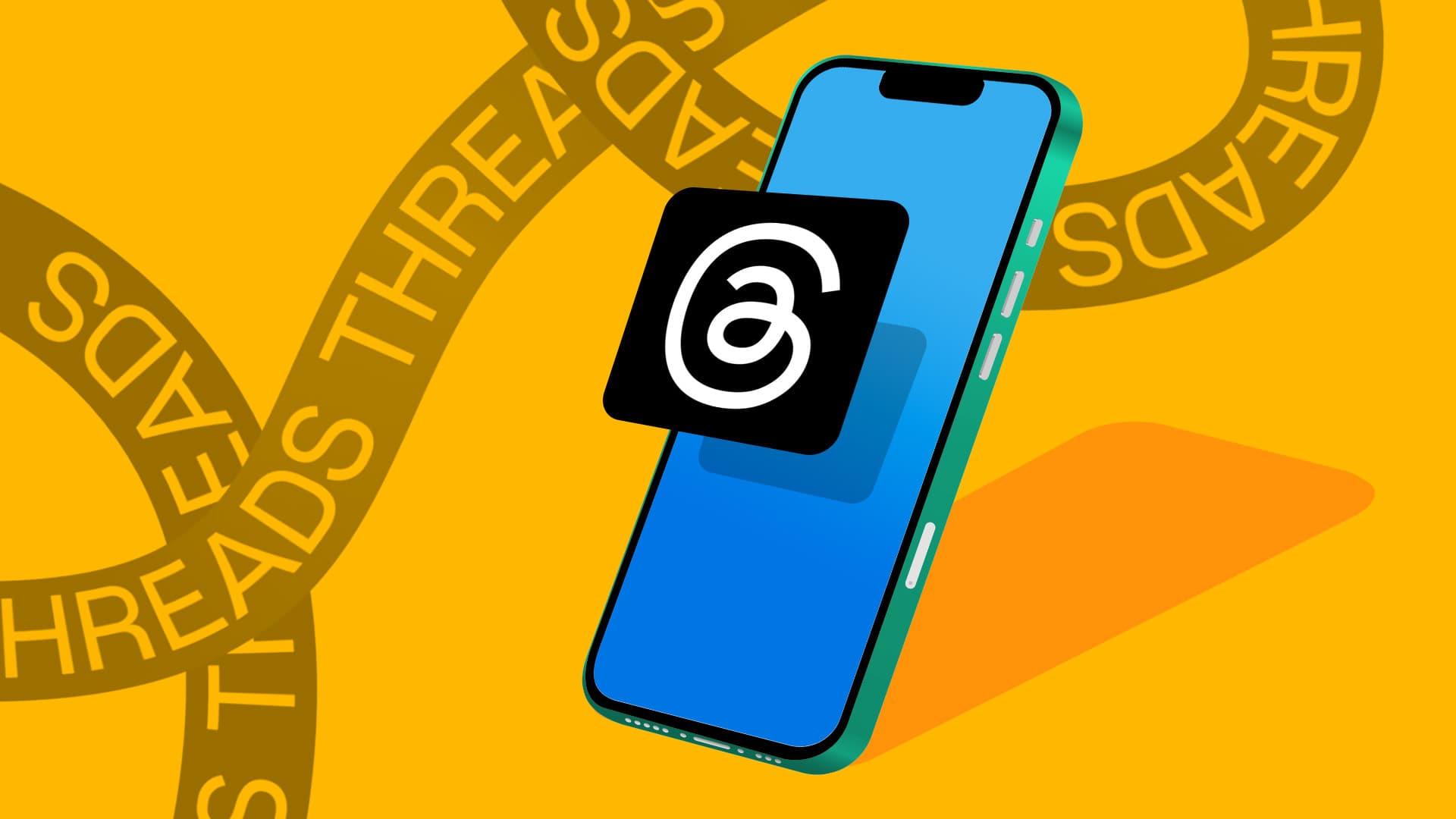 This image features a yellow background with a phone. The screen on the phone is blue, with the Threads logo jumping out from the screen. Behind the phone and across the image, there is a curvy line, representing the logo and social media platform.