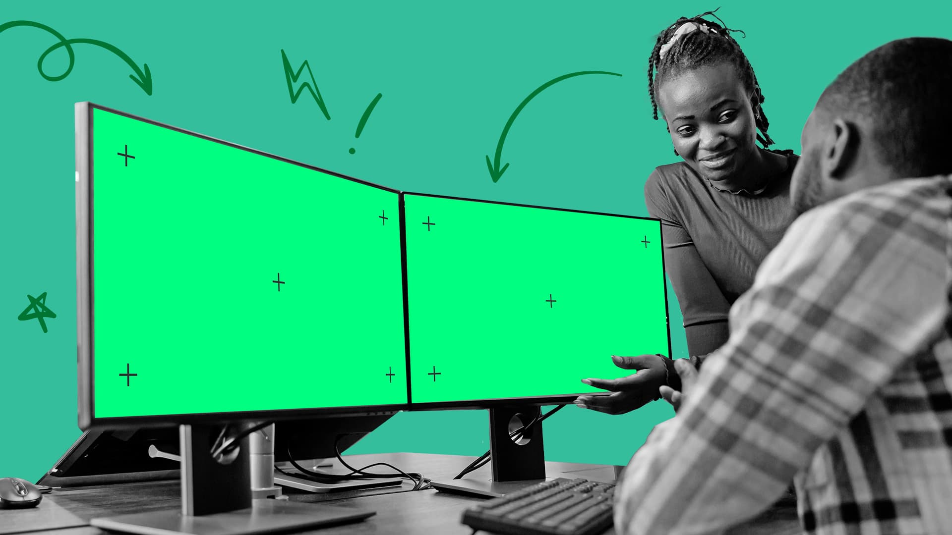 In this image, two people are using a computer to edit video creative. The image represents chroma key: what is it and how do you use it?