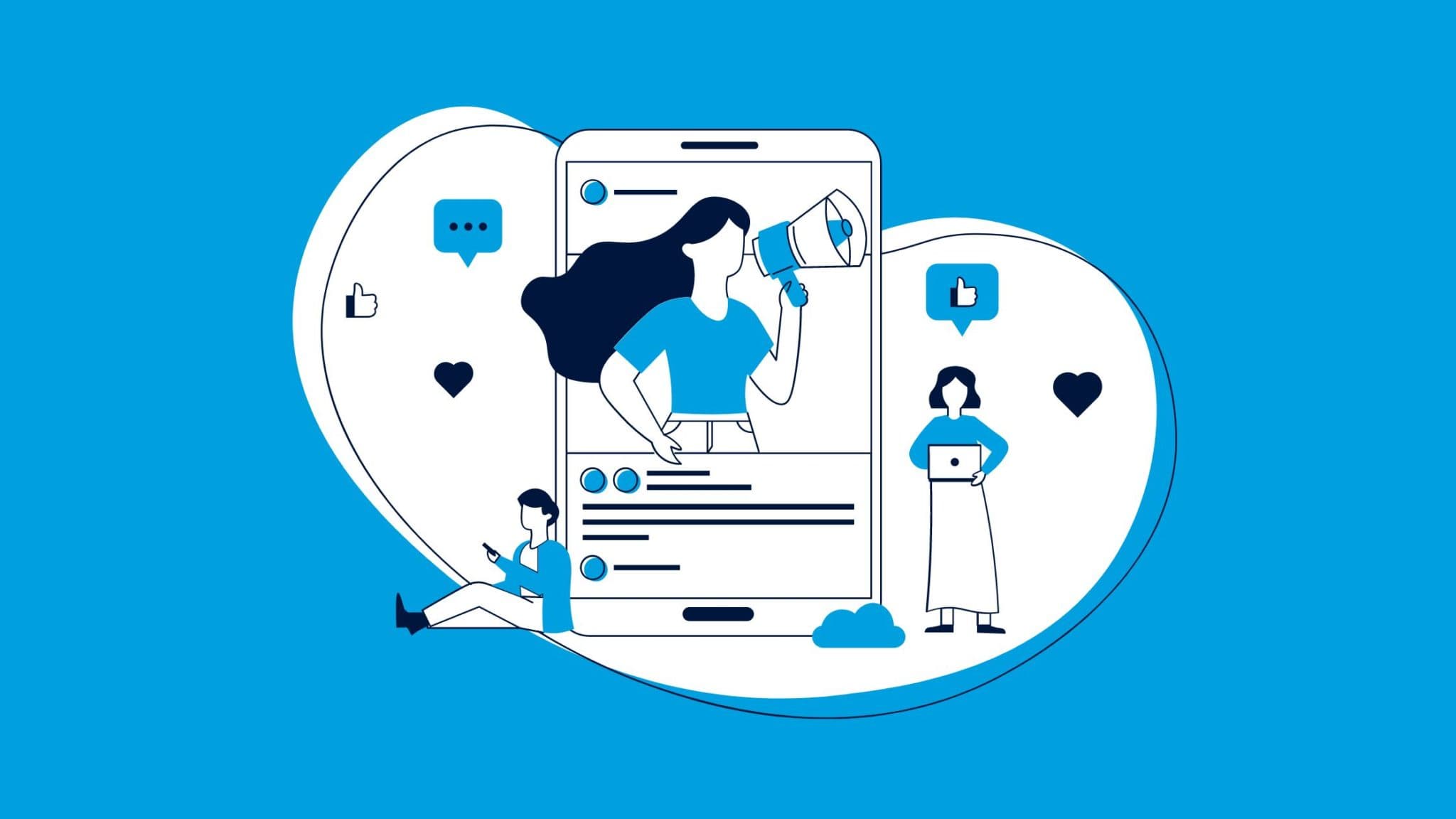 On a blue background is digital art. There is a phone with a social media-like platform on the screen, with like buttons and hearts surrounding the phone, meant to symbolize people "liking" the content. This photo is included to represent creative storytelling strategies for Facebook.