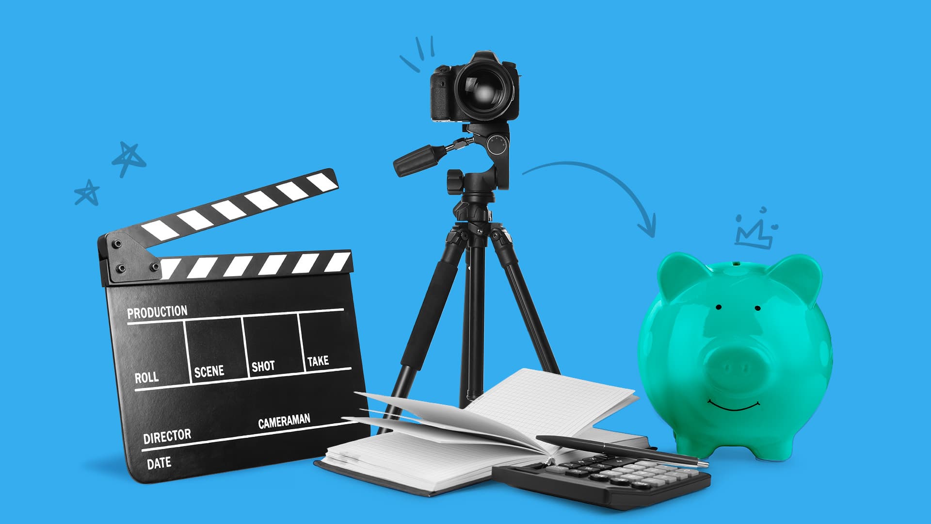 This image features several video elements and financial elements. The image represents affordable video production: how to keep costs low.