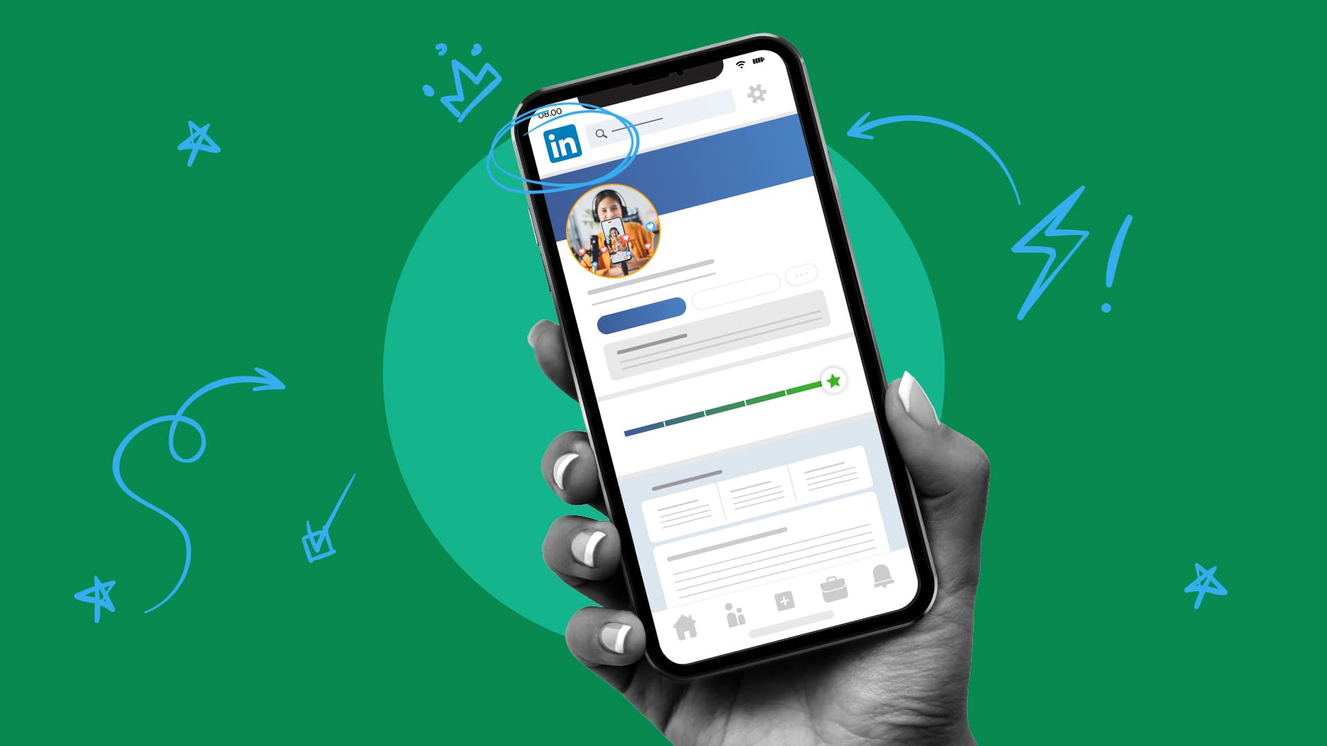 This image features a hand holding a phone with a LinkedIn profile pulled up. This image represents how to improve your LinkedIn marketing strategy with 10 tips for success.