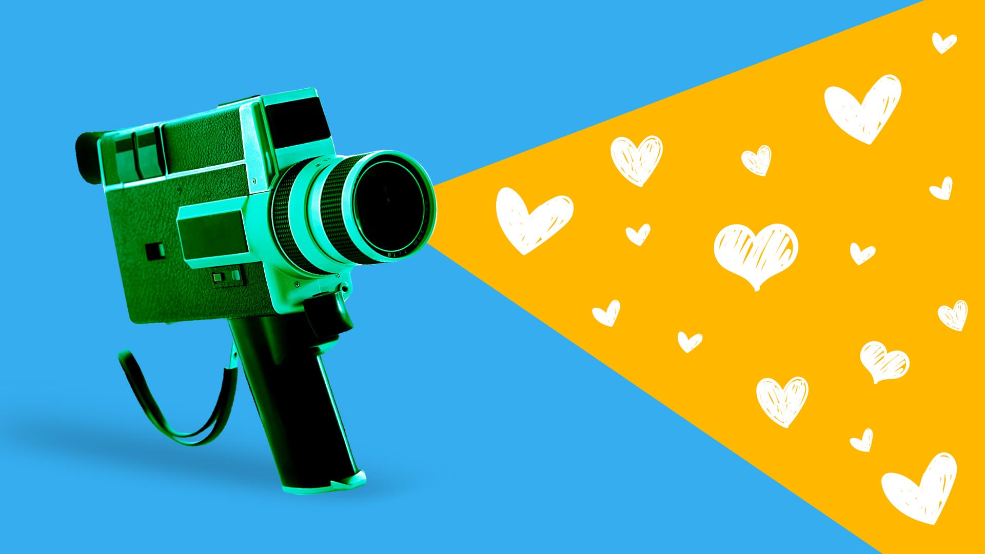 This image features a camera with light coming out of it. In the light, there are hearts. This image represents video marketing tips for Valentine's Day.