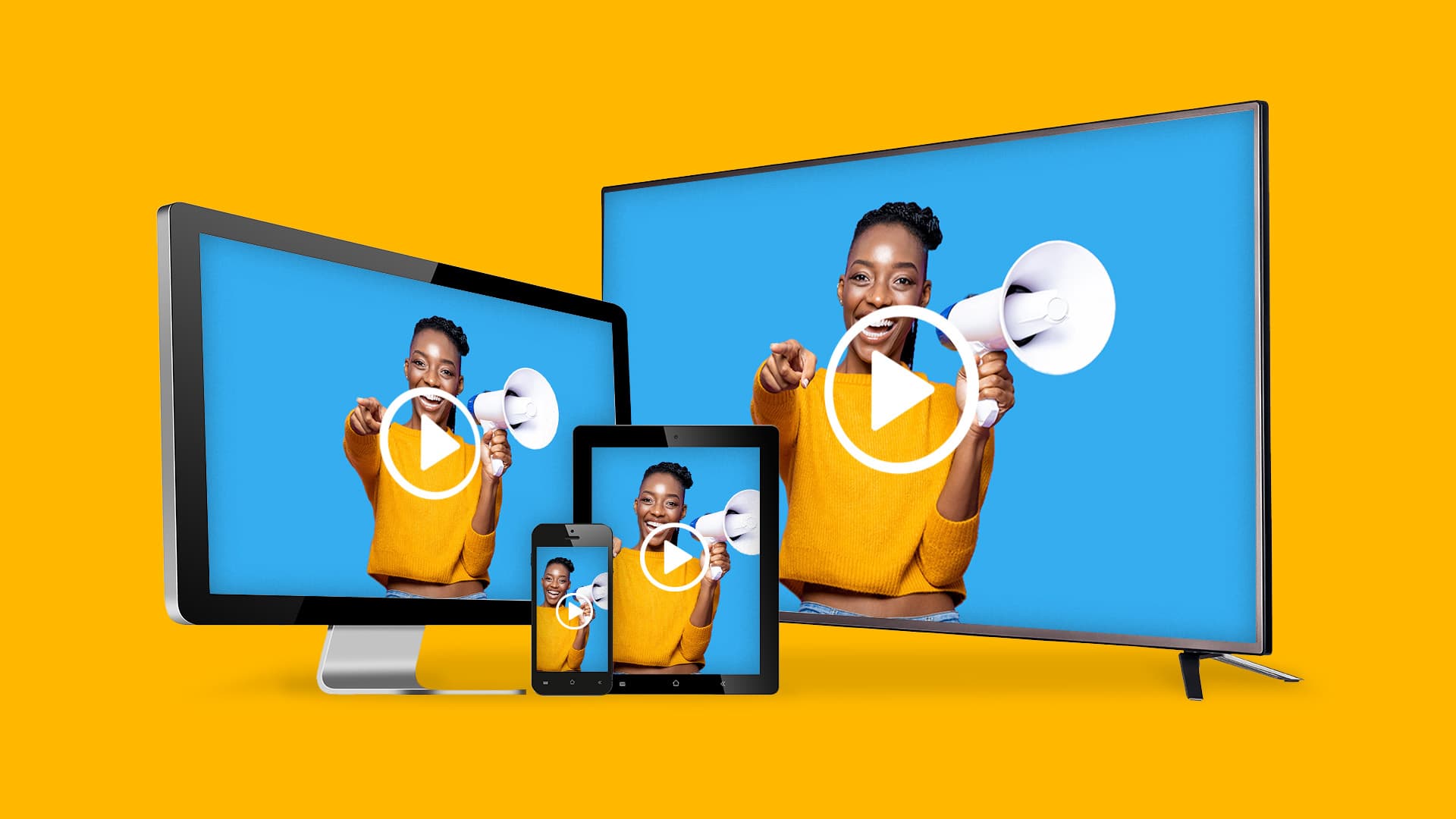 This image features multiple screens of various sizes, each with a person holding a megaphone. This image represents the best video advertising types for the year.