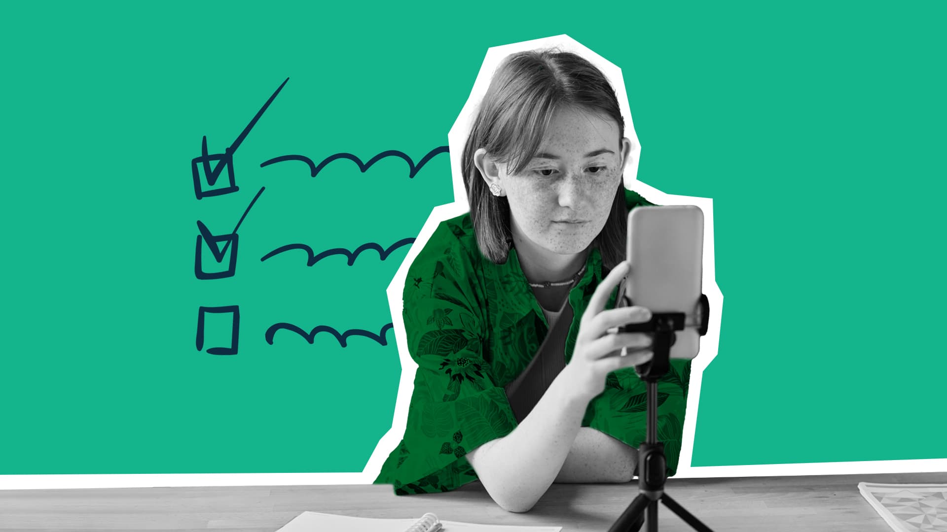 In this image, there is a person on their phone with a scribbled checklist behind them. This image represents an influencer marketing strategy and how to build one the right way.