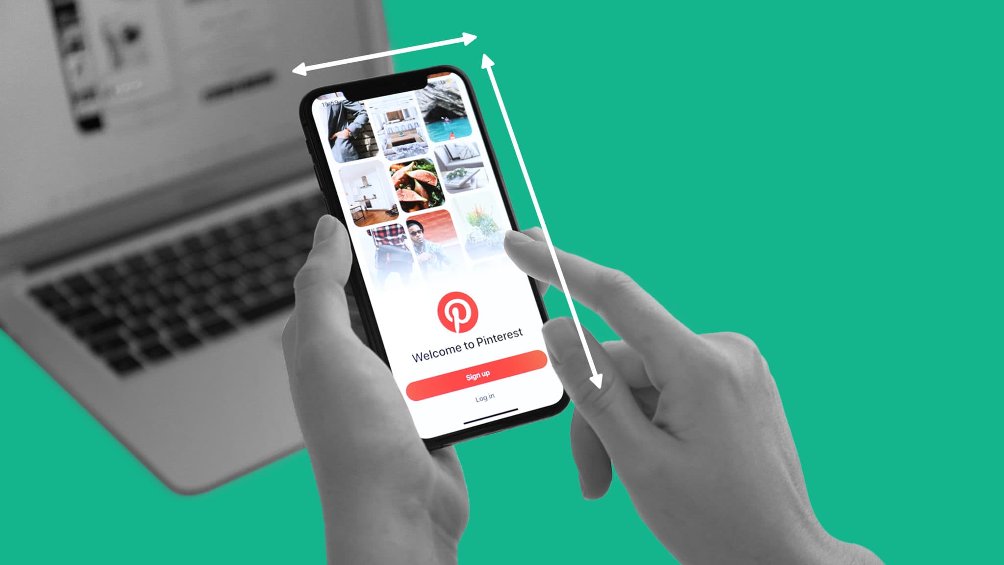 This image features someone holding a phone. The phone screen shows Pinterest. In the background, there is a laptop also on the Pinterest website. Around the phone, there are lines to describe the sizes of Pinterest ads. This image represents Pinterest video ad specs.