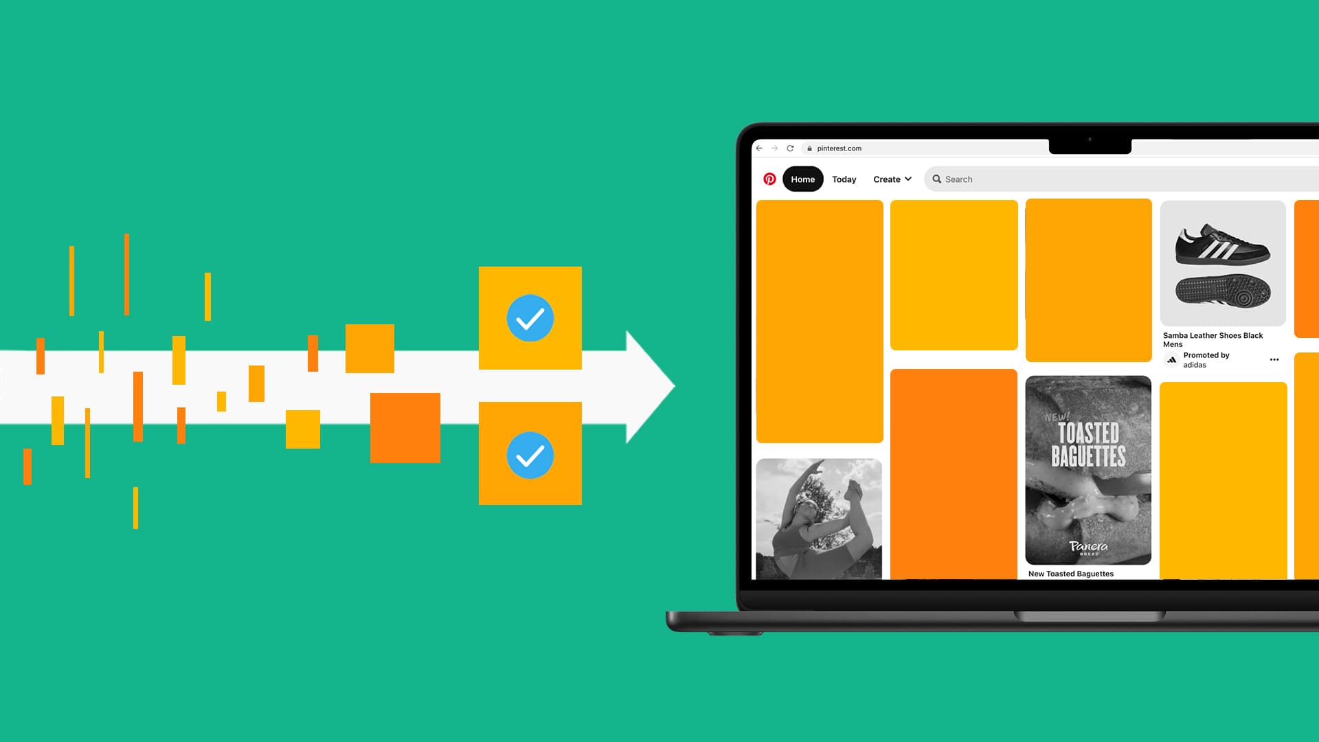 This image features a green background with a computer open. On the computer screen, you can see a mockup of the Pinterest platform. You can see a couple of posts, but there are mostly blank boxes in different shades of orange. To the left of the computer screen, there is a white arrow with different boxes, representing the content being chosen. This image overall represents the Pinterest algorithm.