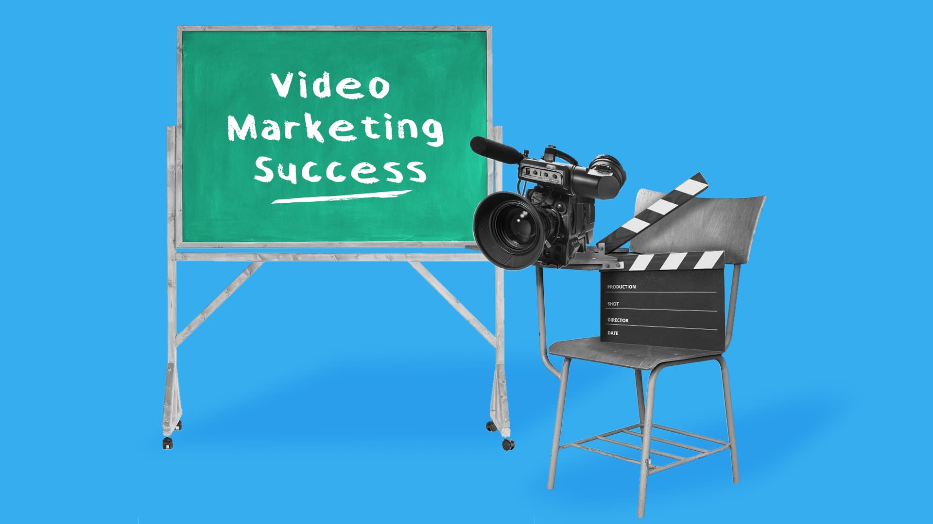 This image features a camera, clapperboard, desk chair, and a chalkboard with "video marketing success" written on it. The clapperboard is sitting in the chair of the desk. This image represents the ultimate video marketing guide.