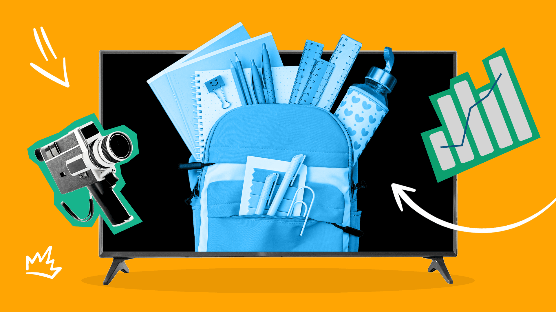 This image features a TV screen with school supplies in the middle. It represents the advertiser's guide to the back-to-school season.