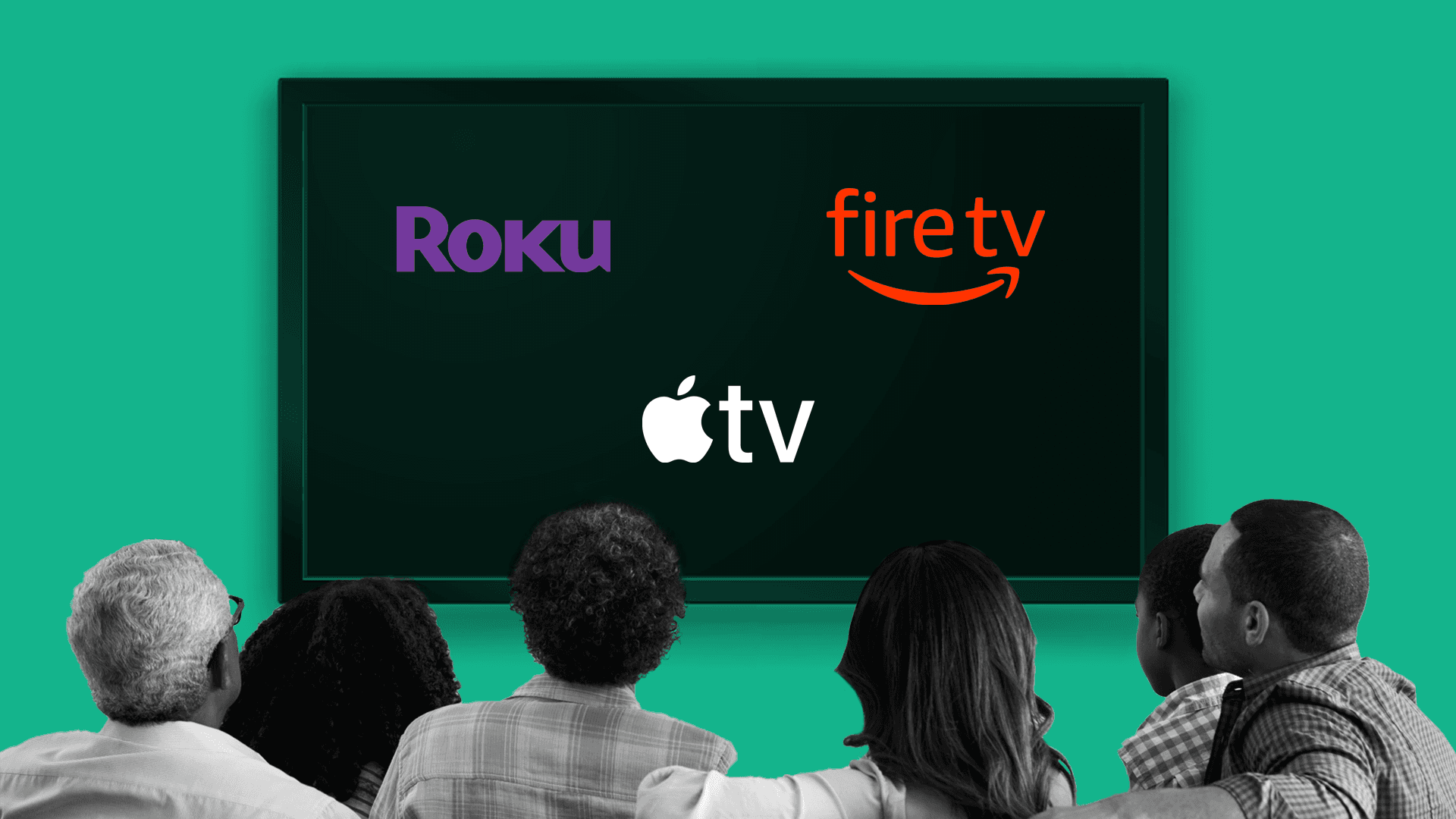 In this photo, multiple people are sitting and watching a TV with Roku, FireTV, and AppleTV logos. This image is meant to represent the audience who uses CTV programs and OTT devices.
