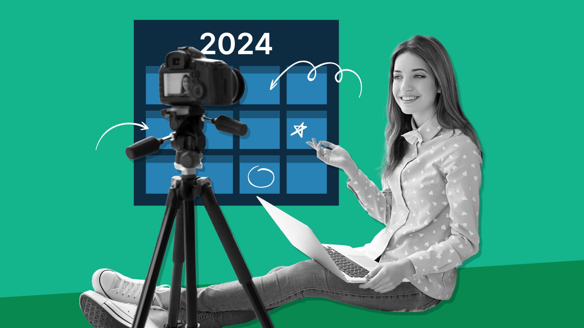 This image features a person sitting on the ground while recording on a video camera. On the wall behind the person is a 2024 calendar. This image represents how video makers can make the most of 2024.
