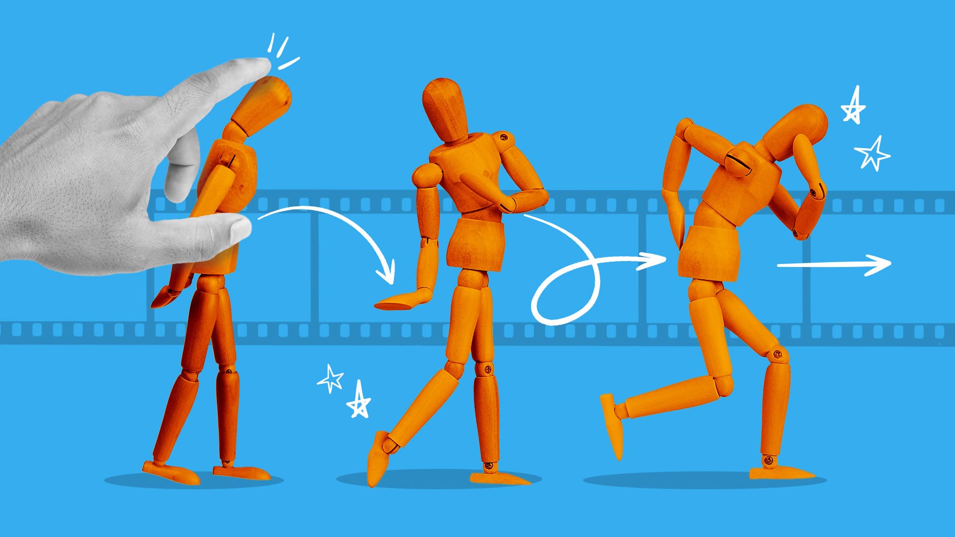 This image features an example of stop-motion animation, with a hand directing the figures on the screen. The image represents 12 Creative Stop Motion Ideas for Beginners (+Tips).