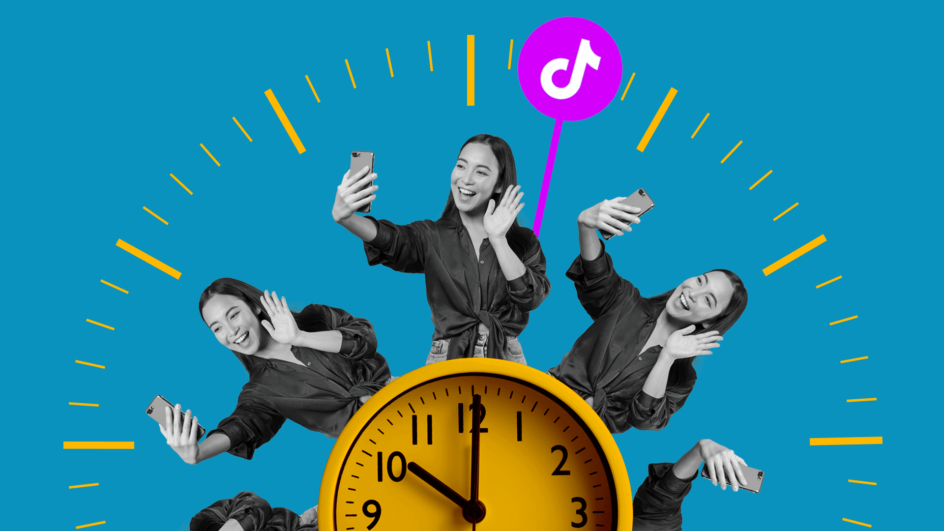 This image features a blue background. There is a clock in the middle at the bottom, with a person around the clock, taking selfies at different times. This image is meant to represent the best times to post on TikTok.