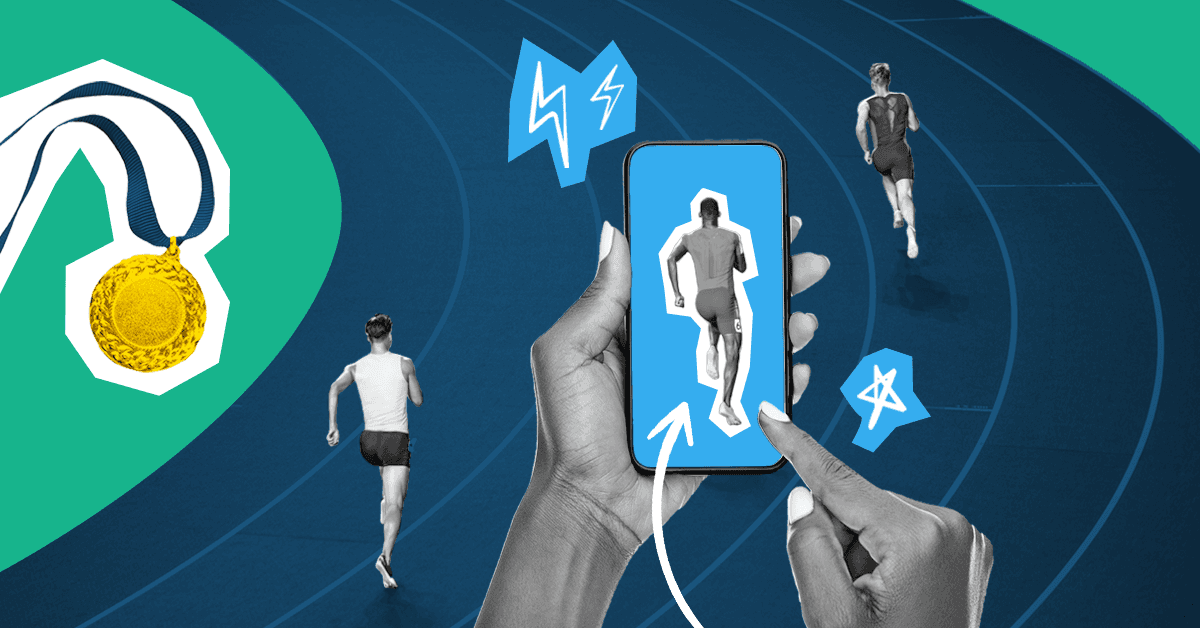 This image features a person on a phone running. To the left, there is a gold medal. This image represents the digital marketing debrief for the 2024 Paris Olympics and Paralympics.