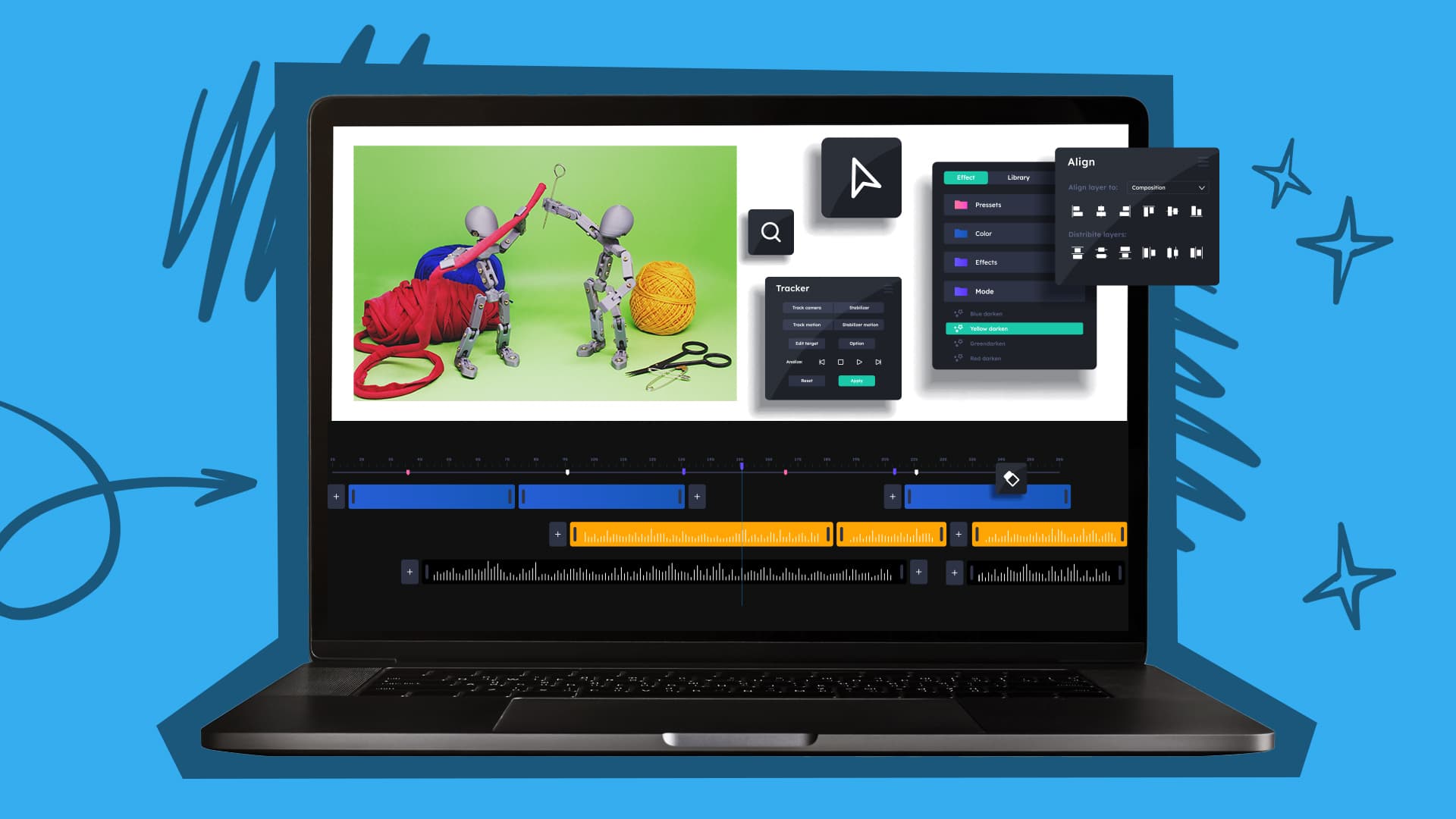 This image features a laptop with stop motion animation on the screen.