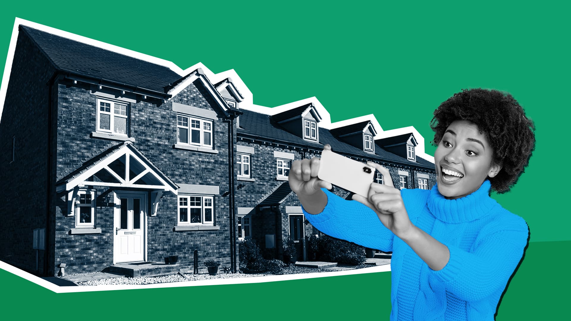 This image features a person standing in front of homes, taking a photo or video with their phone. This image represents real estate video ideas.