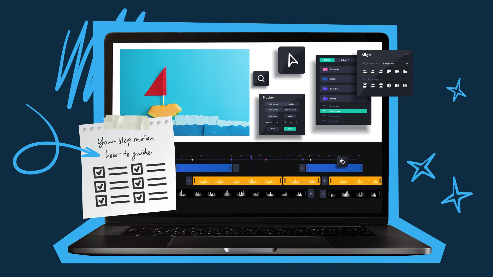 This image features a computer with editing software on the screen. The image represents how to make a stop motion video.