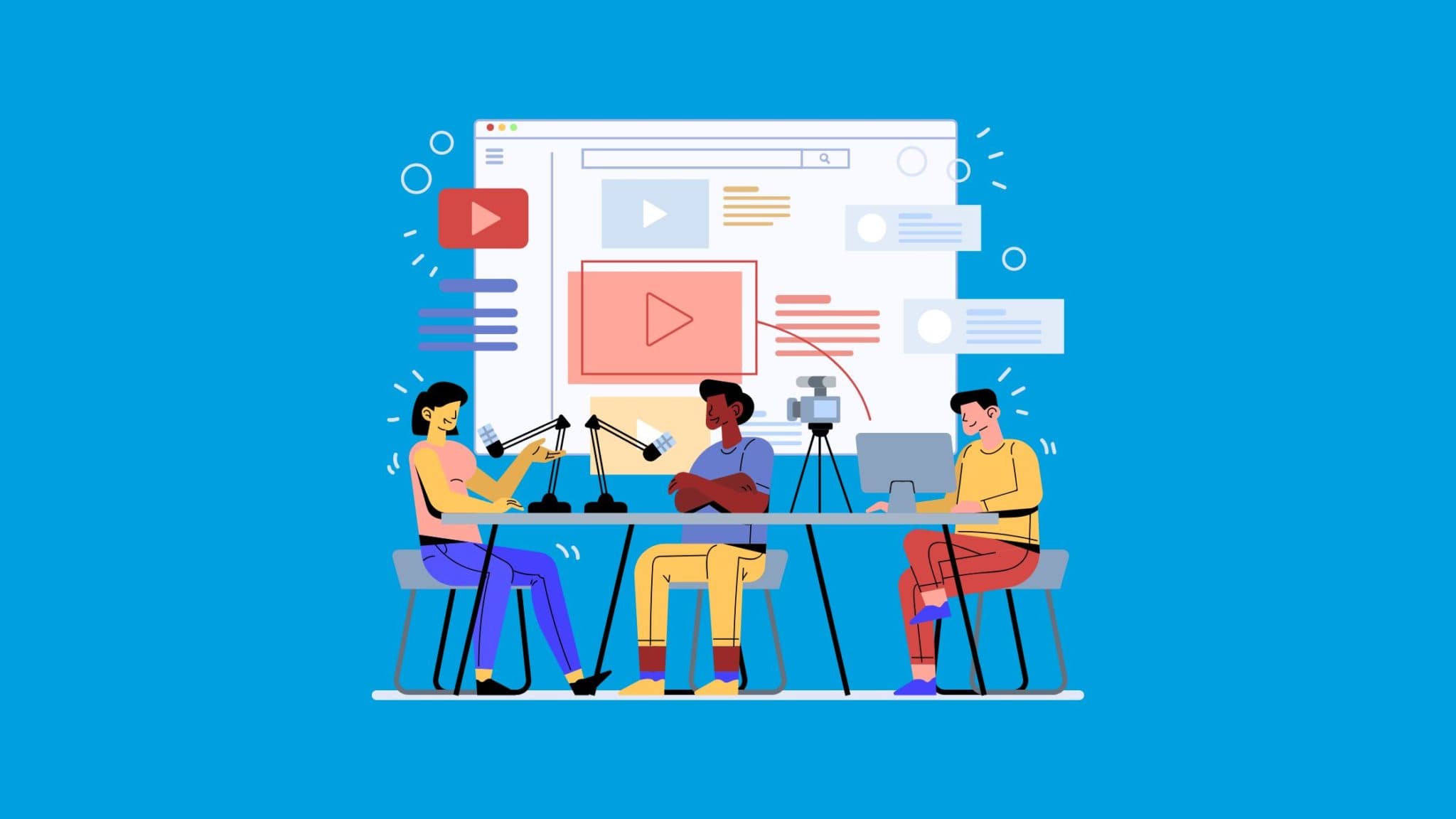 This image has a blue background, and is a digital illustration of three people sitting at a table. Behind them is a large display with several different video icons. This is meant to represent how to reach Millennials with video marketing.