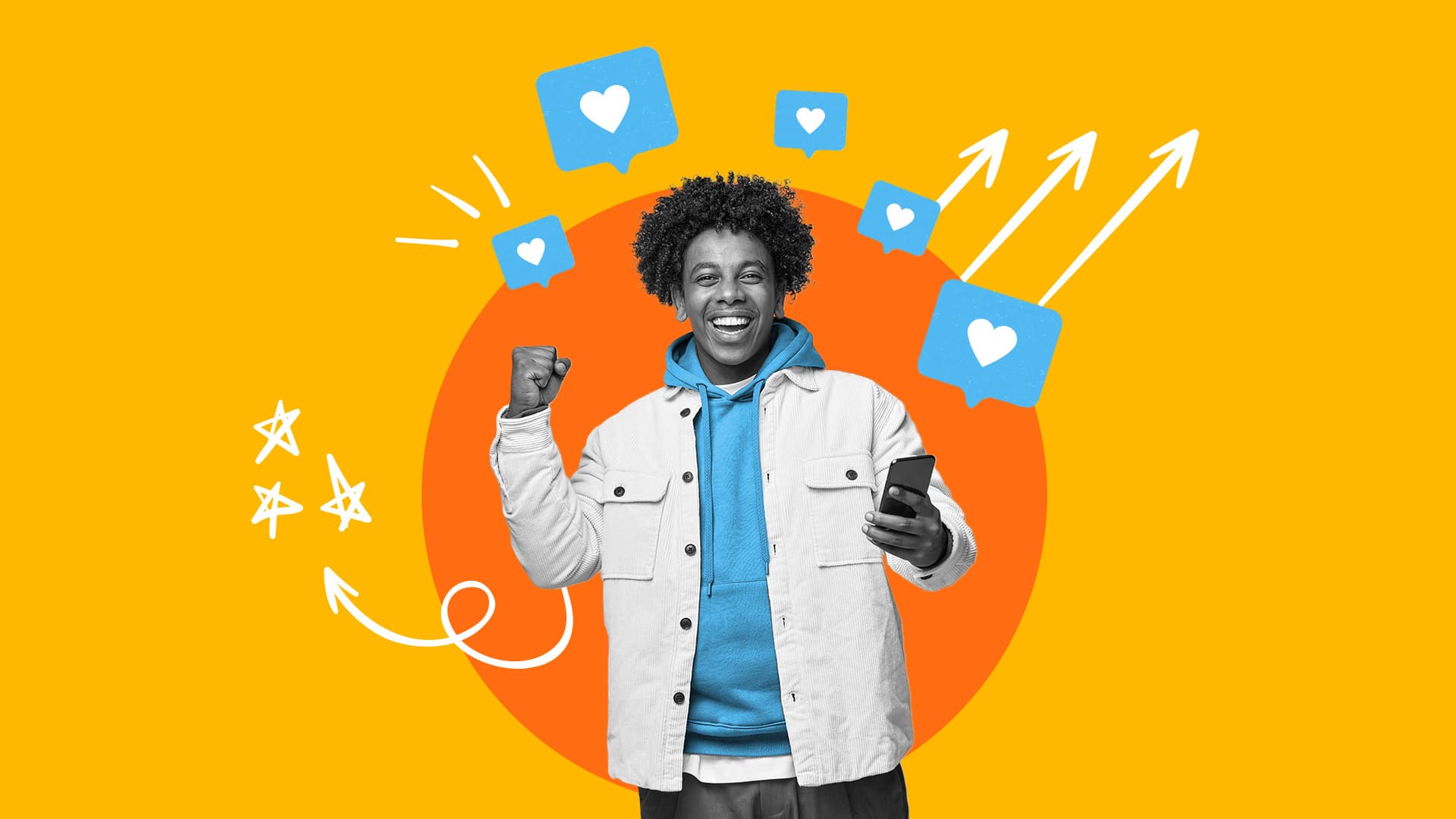 This image features a person looking at their phone with social media-related KPIs (likes, shares, etc.) coming out from the phone. This image represents influencer marketing metrics to track success.
