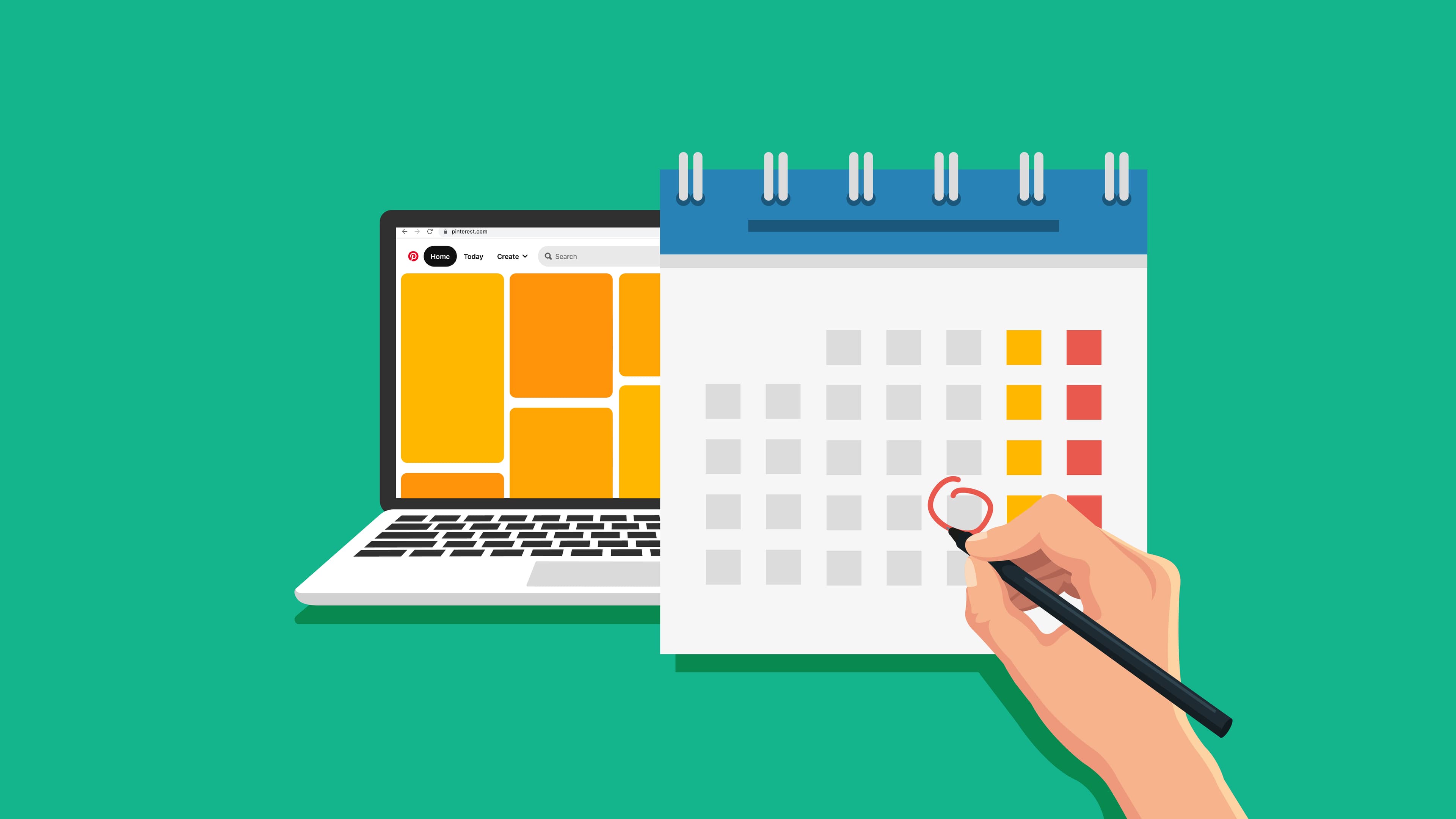 This image features a green background with a laptop and a calendar. On the laptop, you can see a Pinterest feed. This image represents the best time to post on Pinterest.