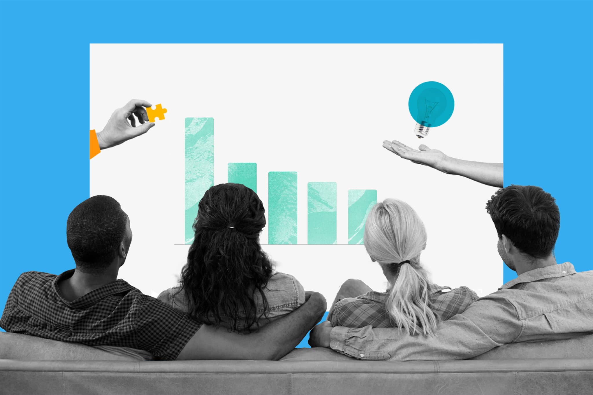 This image features 4 people sitting on a couch, looking at the screen in front of them. On this screen is a chart, a puzzle piece, and a lightbulb. This image represents marketing strategies, including functional marketing.