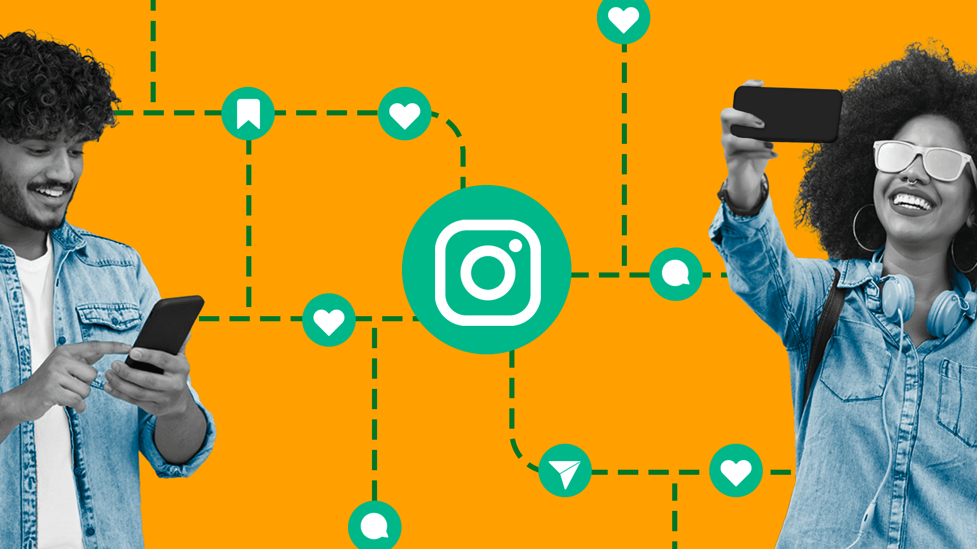 This image features two people, one taking a photo and another looking at the photo on their phone once it has been posted. In the middle of the screen is the Instagram logo. The logo and the two people are connected with different lines. This image represents the Instagram algorithm.
