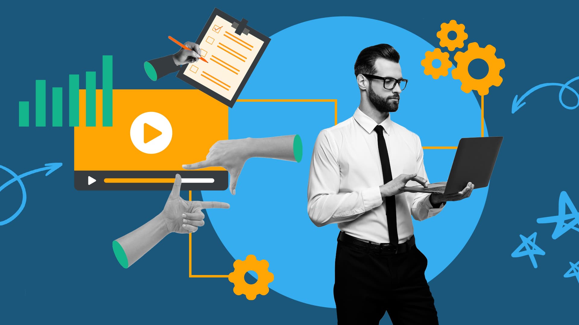 This image features a person with a laptop. Behind them are several different images that represent the 7 best video marketing tools for making an impact.