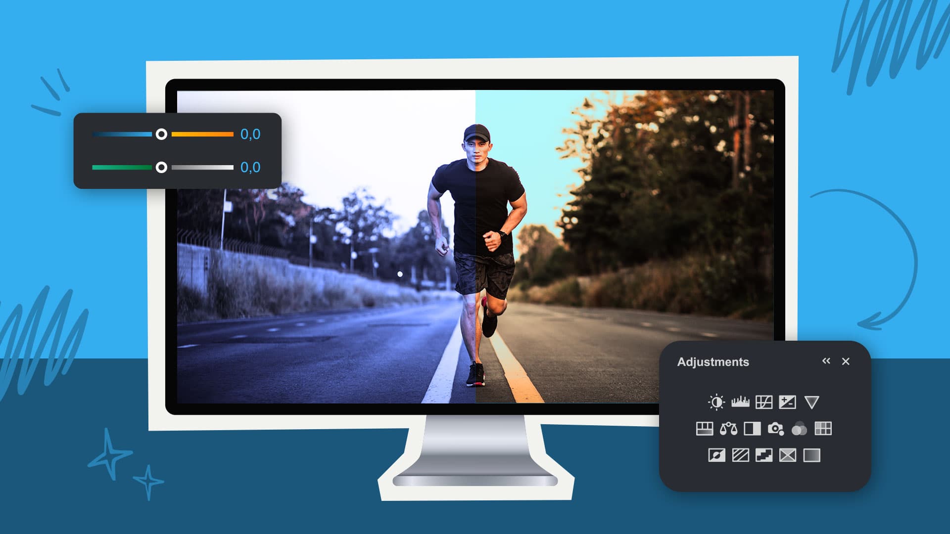 This image features a computer screen with two different editing styles on each side. The image represents the difference between color grading vs color correction.
